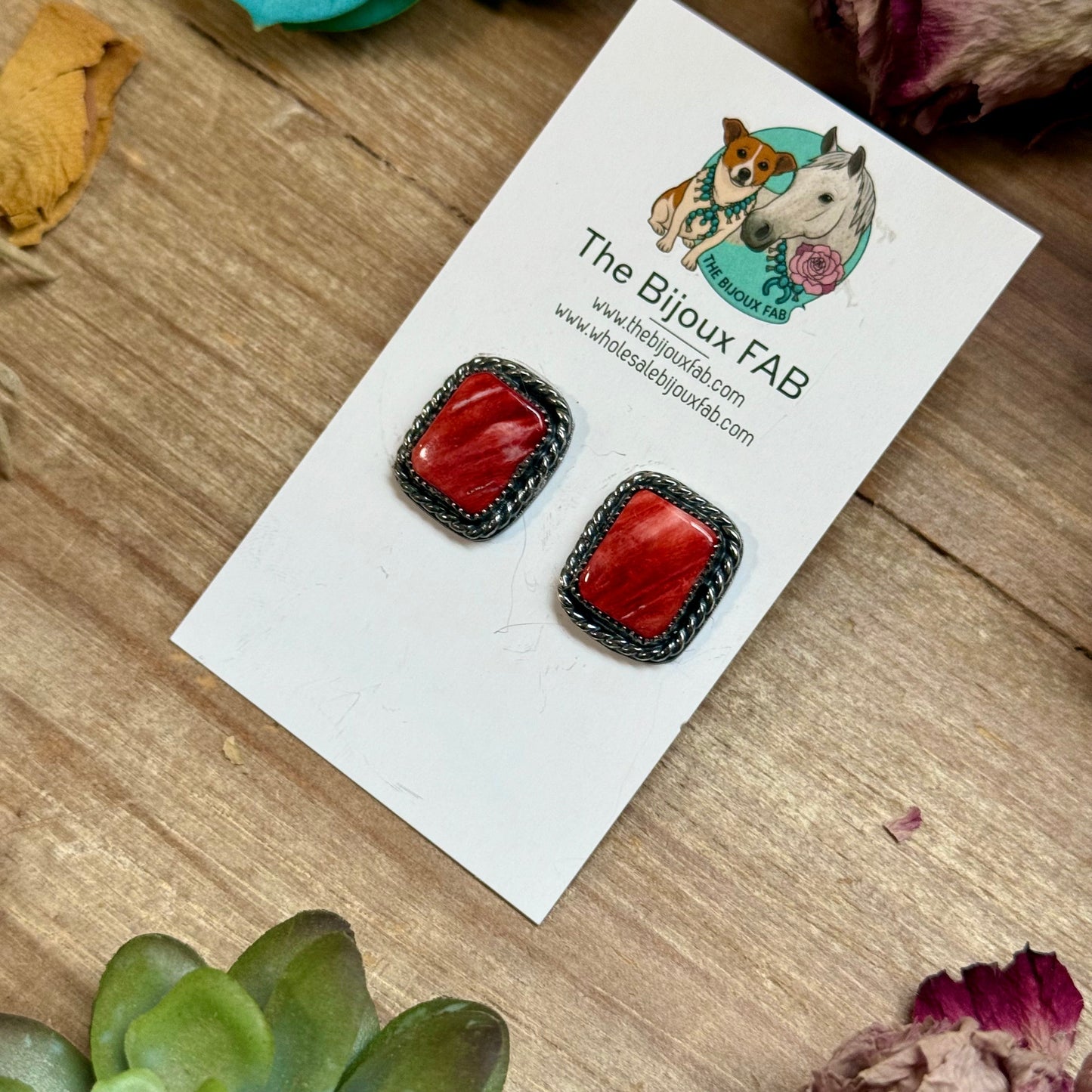 MJ Red Spiny Oyster Rectangle Stud Earrings