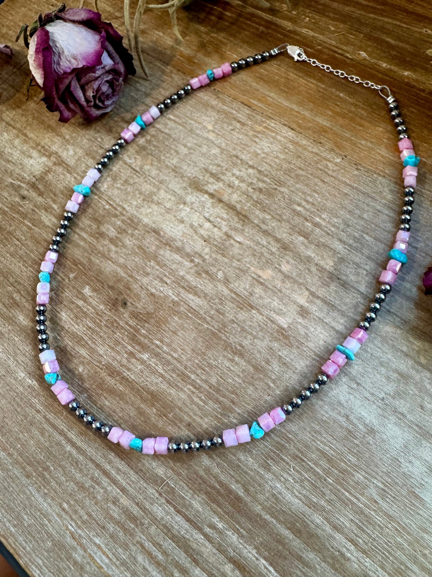 Sleeping Beauty Turquoise & Pink Magnesite Necklace – 4mm Sterling Silver Pearls