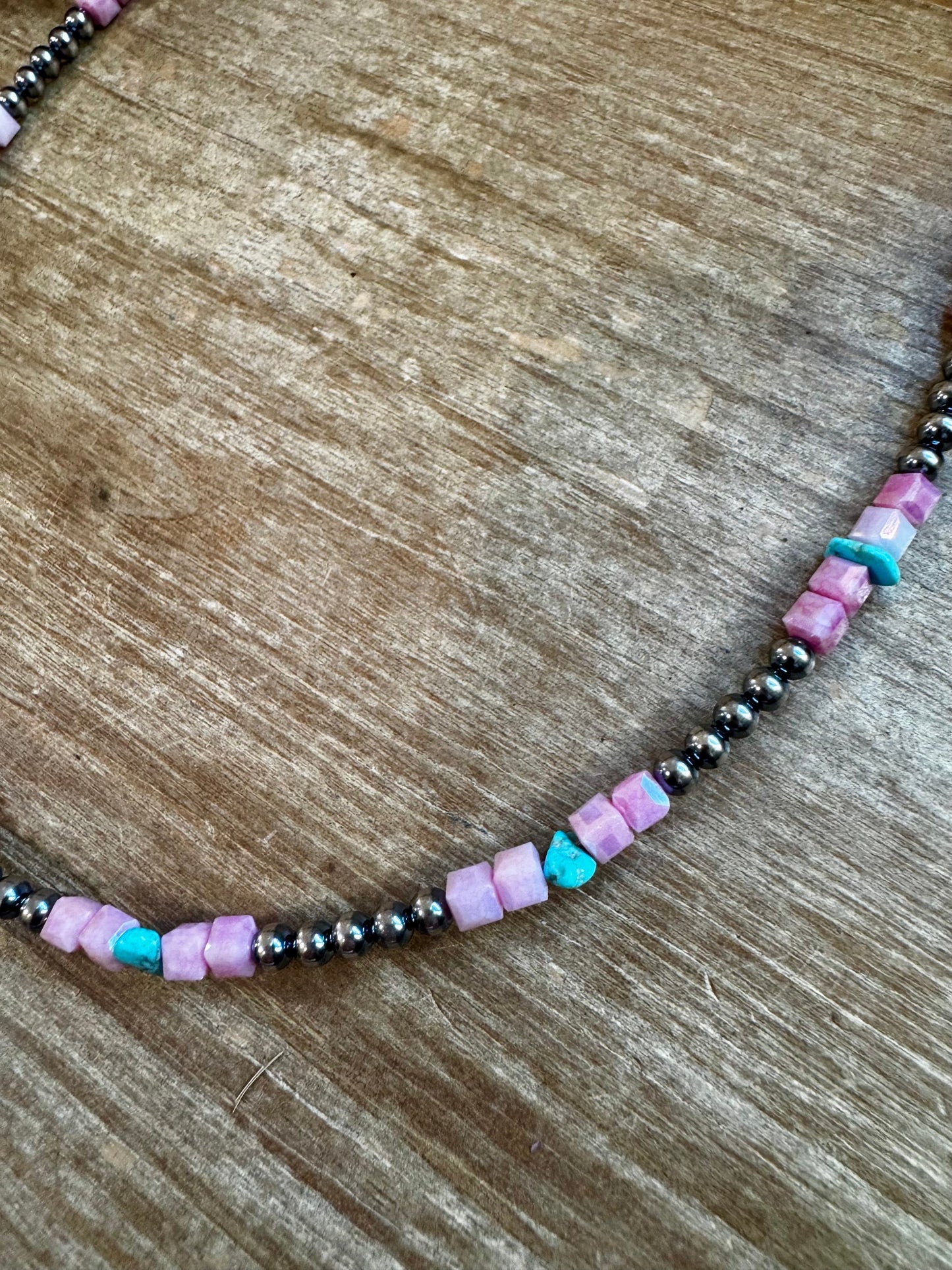 Sleeping Beauty Turquoise & Pink Magnesite Necklace – 4mm Sterling Silver Pearls