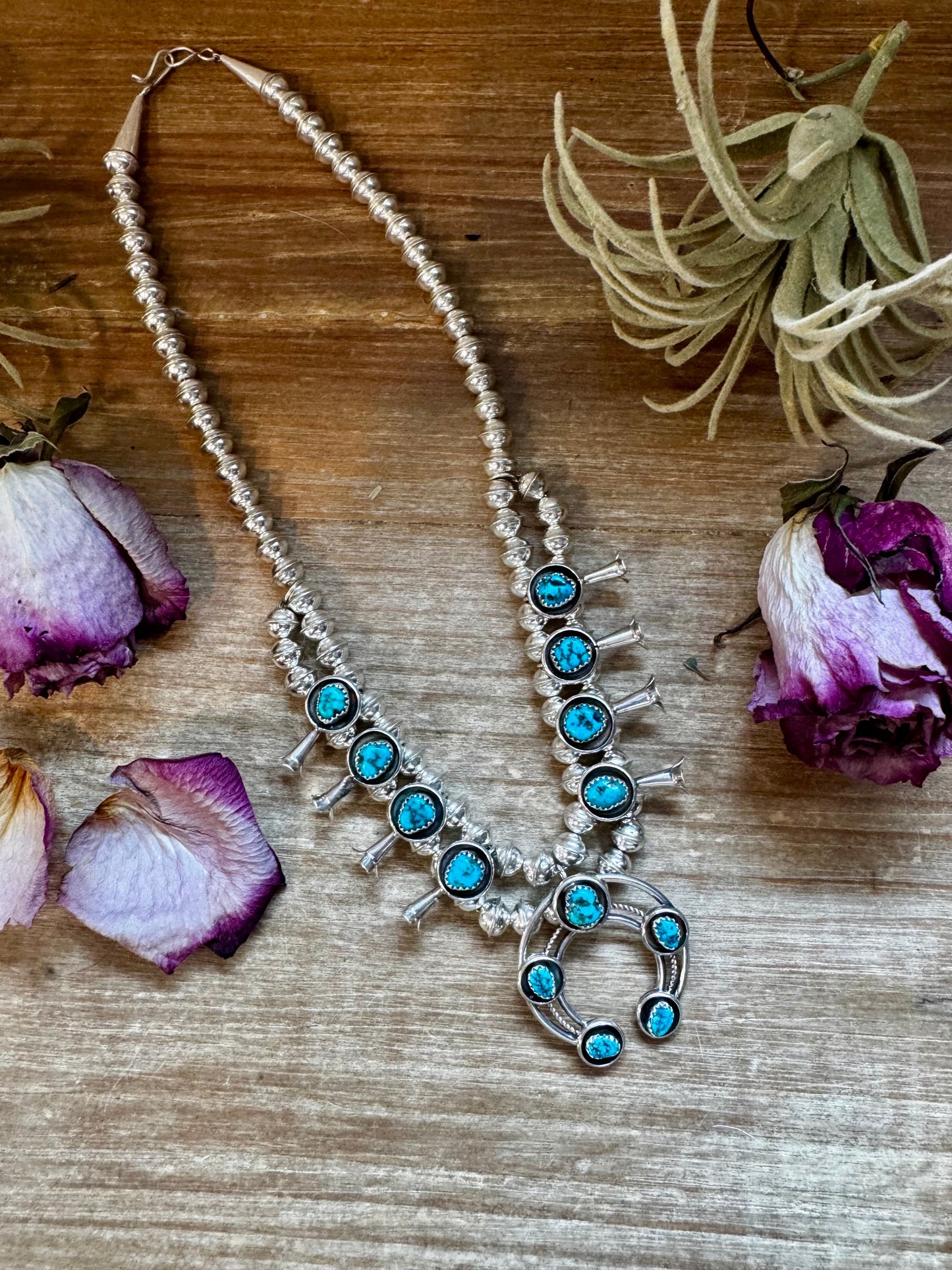 Mini Squash Blossom Necklace & Earrings – Kingman Turquoise – Sterling Silver – Native Made by Lonora Garcia – 17.5"