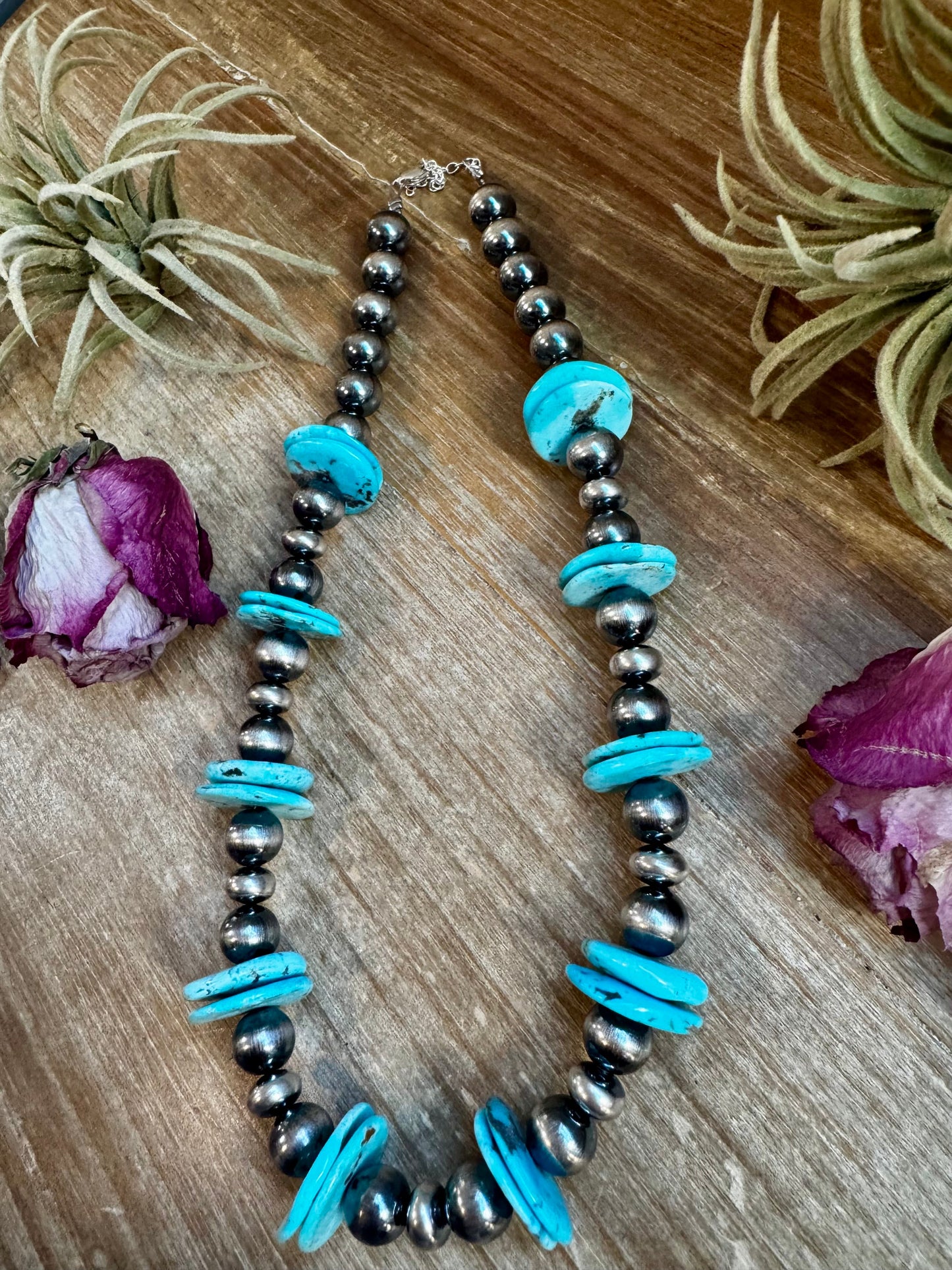 17-inch sterling silver pearl necklace with 20mm blue turquoise rondelle, handmade by The Bijoux FAB in the USA, NFR Collection