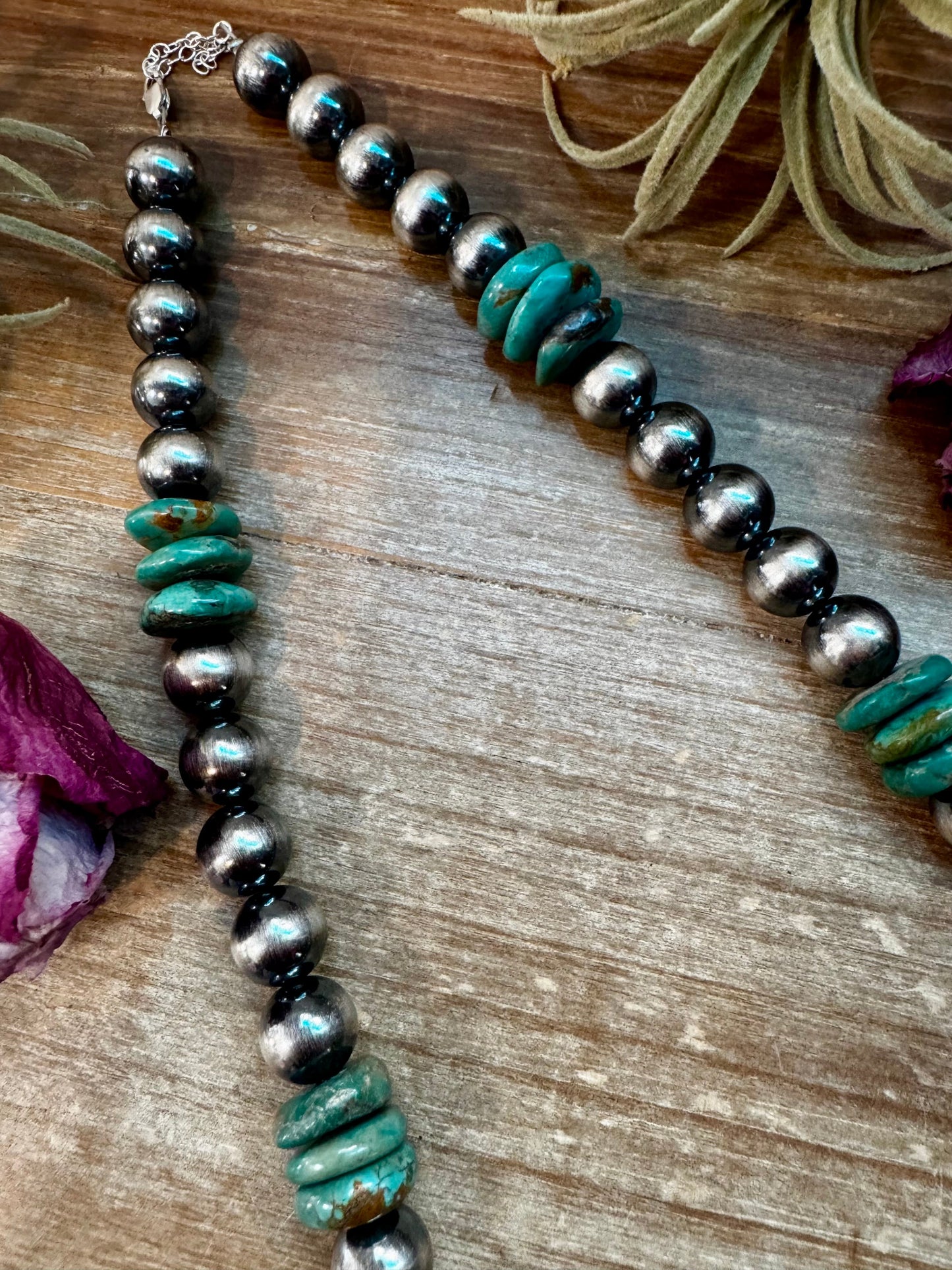 NFR Collection Necklace – 12mm Sterling Silver Pearls with 16mm Green Turquoise Rondelle – Handmade by The Bijoux FAB – 21.5"