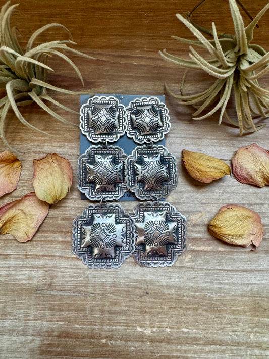 hree-Tier Concho Statement Earrings – Sterling Silver, Native Made by Leander & Rhonda Largo