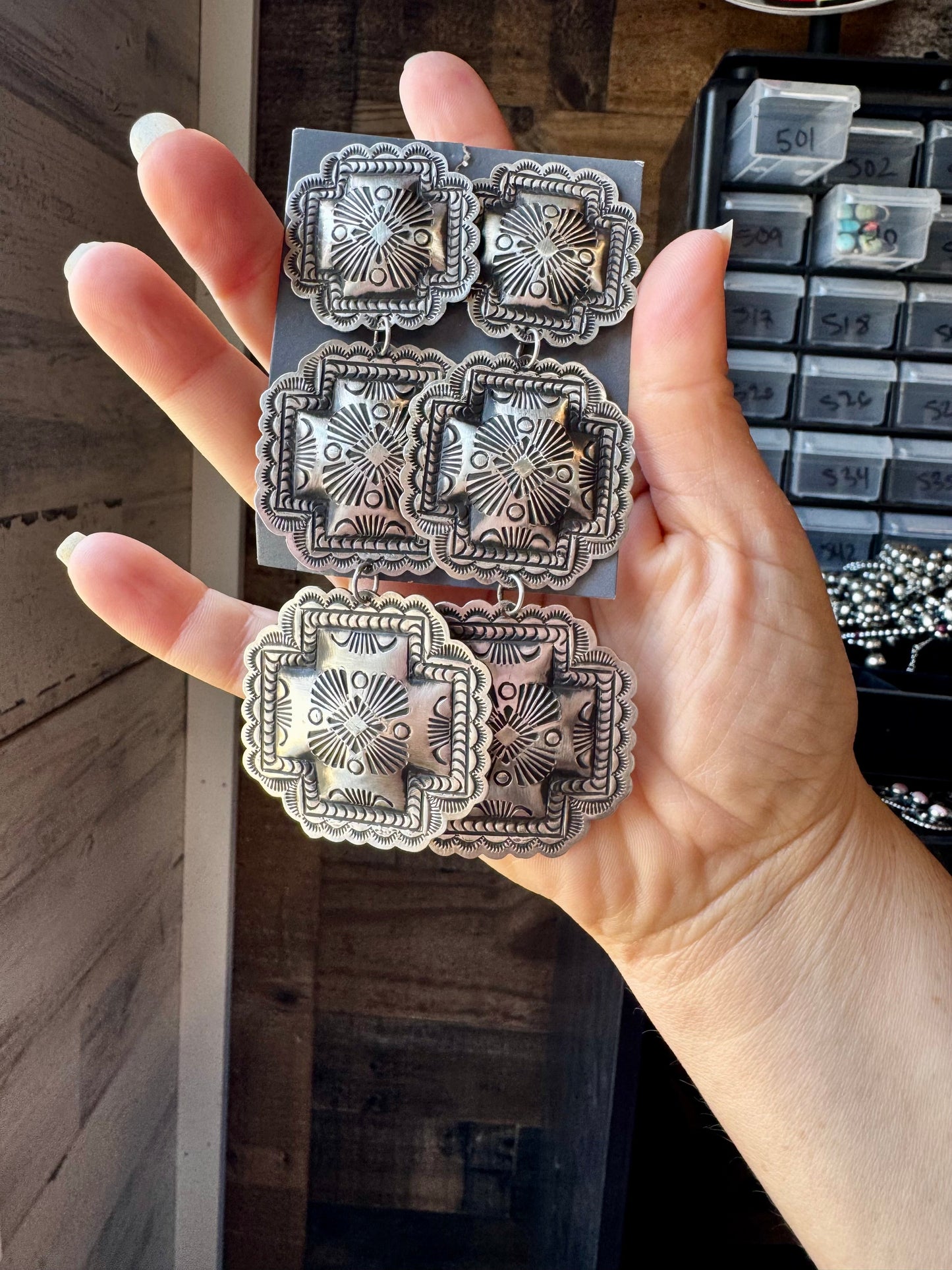 hree-Tier Concho Statement Earrings – Sterling Silver, Native Made by Leander & Rhonda Largo