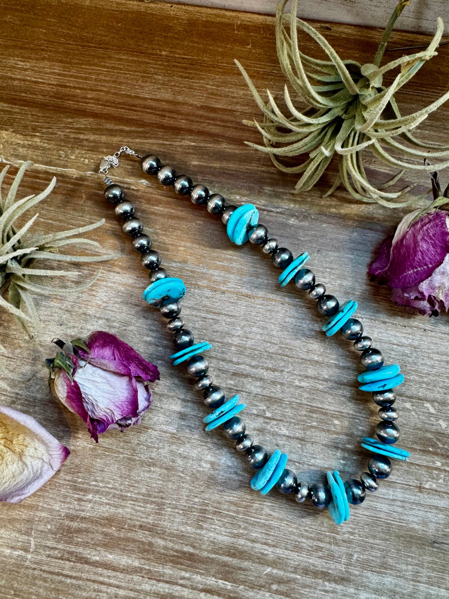 17-inch sterling silver pearl necklace with 20mm blue turquoise rondelle, handmade by The Bijoux FAB in the USA, NFR Collection