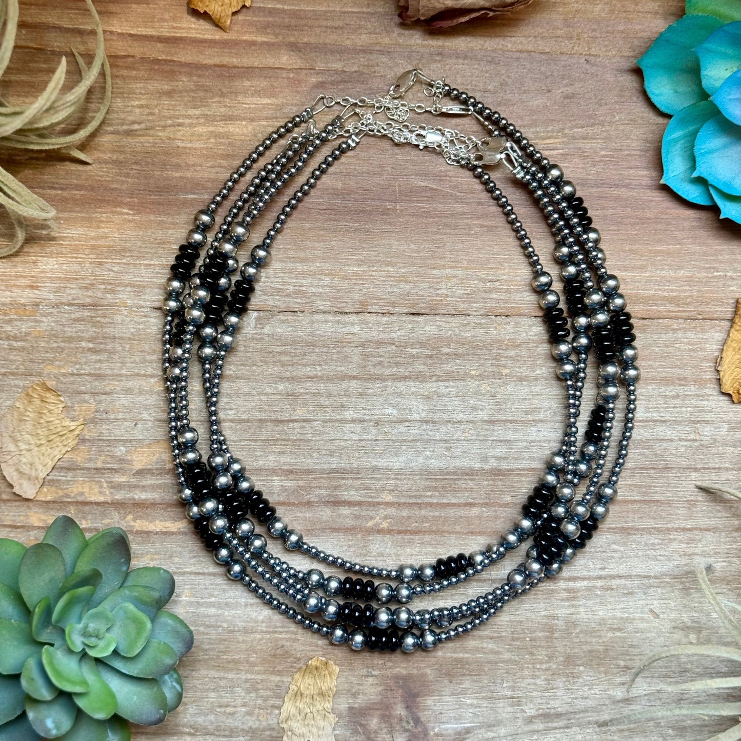 Sterling Silver Pearl & Black Onyx Necklace – 15" Plus Extender