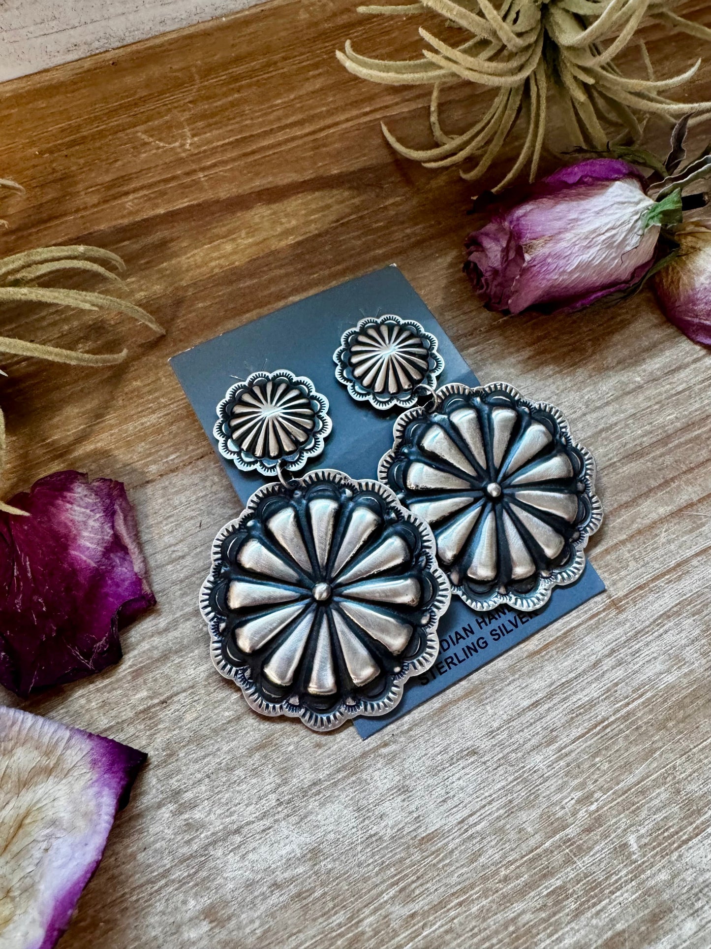 Concho Dangle Earrings – Sterling Silver – Native Made by E. Tahe