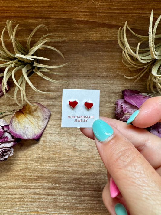 Mini Heart Stud Earrings – Red Inlay – Sterling Silver – Zuni Made