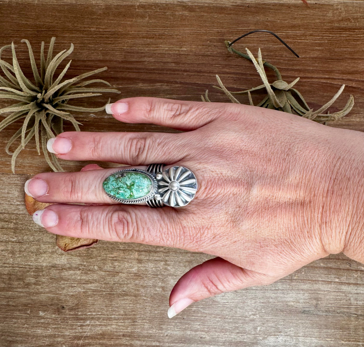 Green Turquoise Concho Ring – Size 9 – Navajo Handmade by Boyd Ashley
