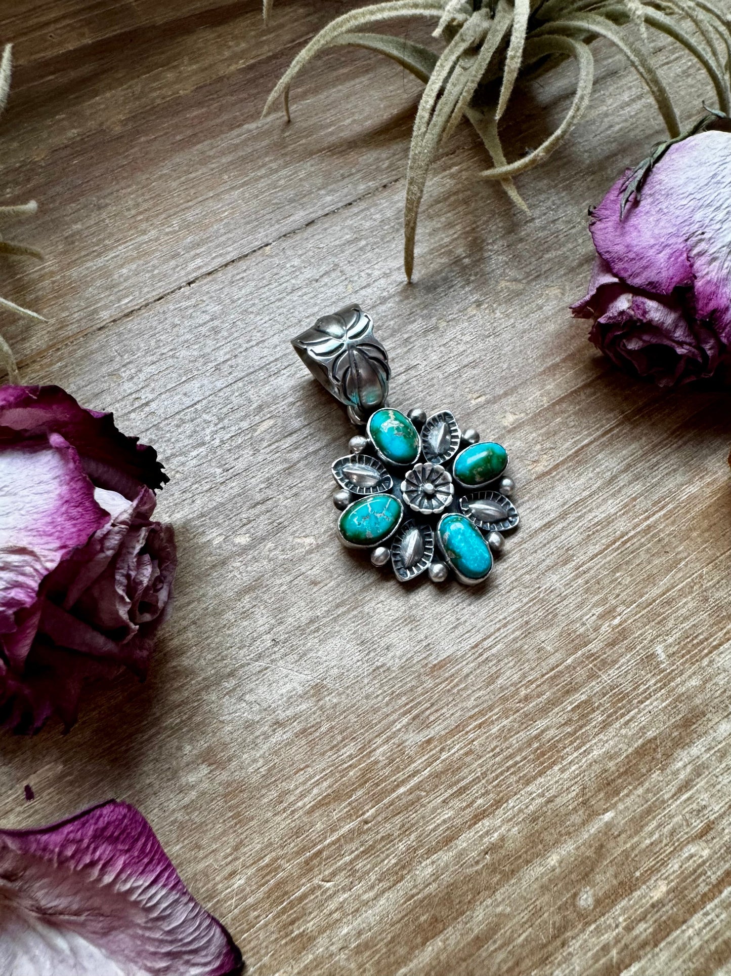 Flower Pendant with Sonoran Gold Turquoise – Sterling Silver – Native Made by Charles Johnson – Fits 10mm