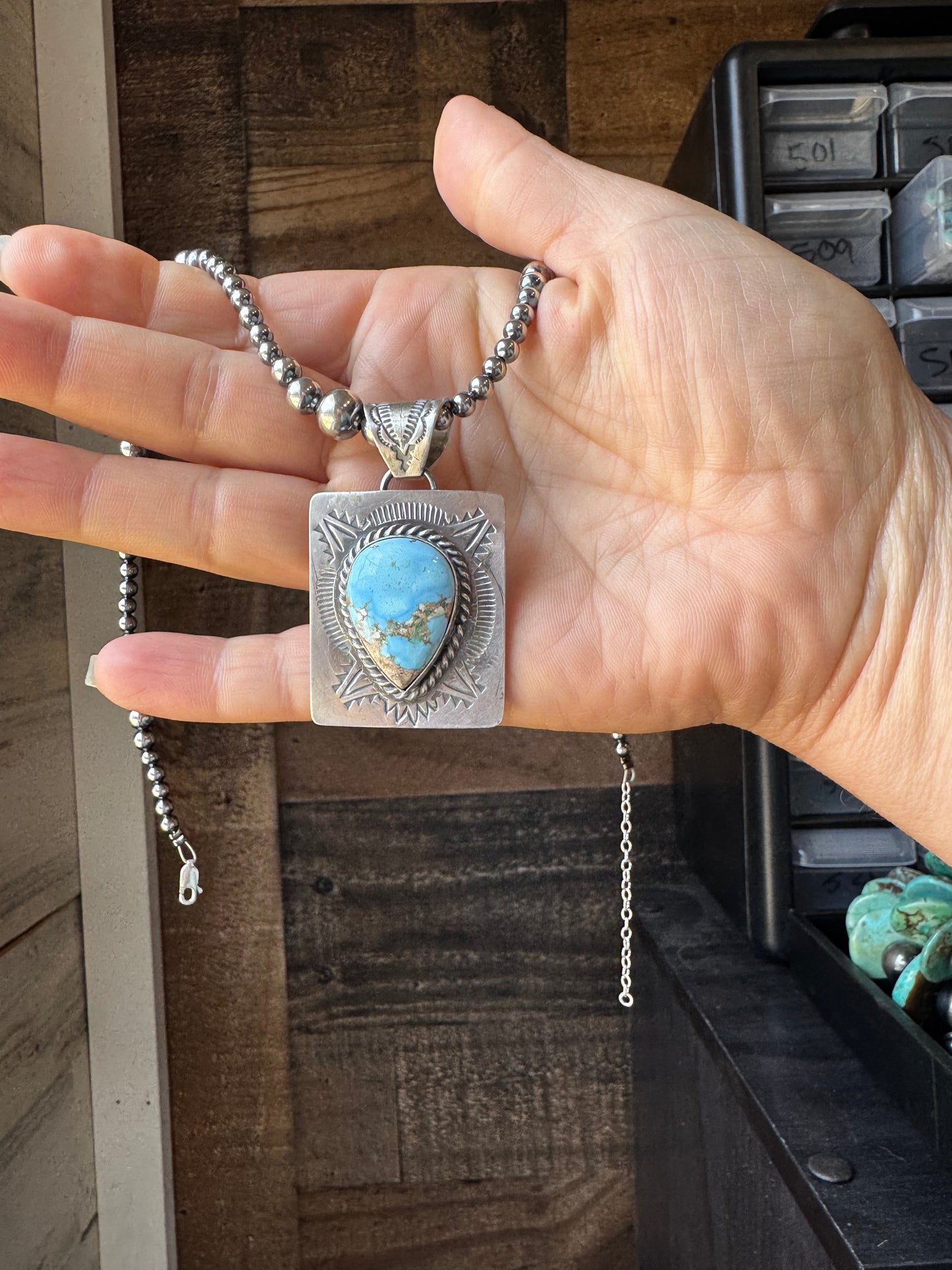 Golden Hill Turquoise Pendant – Navajo Handmade by Ned Nez, Sterling Silver