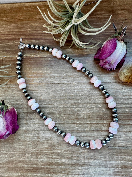 NFR Collection Necklace – 8mm Sterling Silver Pearls with 10mm Pink Conch Rondelles – Handmade by The Bijoux FAB – 19"