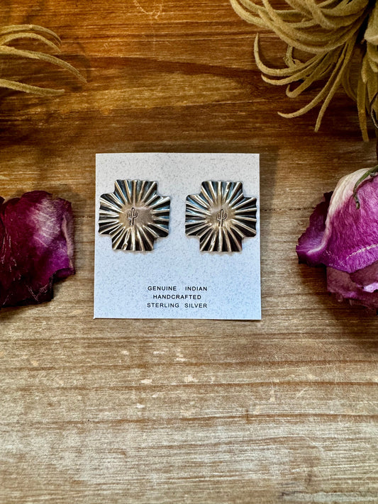 Square Cross Stud Earrings with Cactus Stamp – Sterling Silver