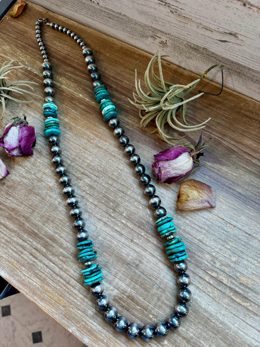 NFR Collection Necklace – 8mm, 10mm & 14mm Sterling Silver Pearls with Turquoise – Handmade by The Bijoux FAB – 37"