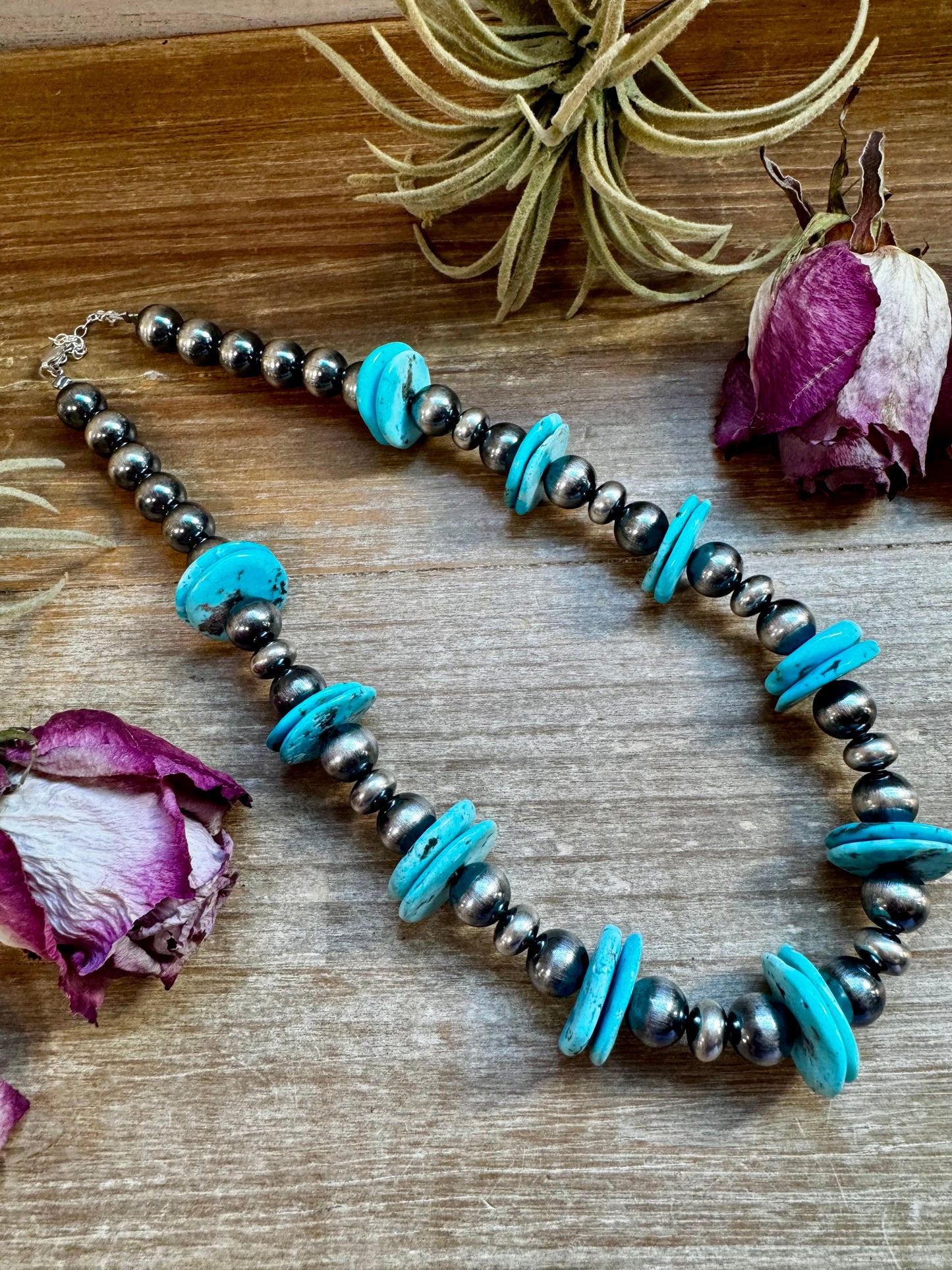 17-inch sterling silver pearl necklace with 20mm blue turquoise rondelle, handmade by The Bijoux FAB in the USA, NFR Collection