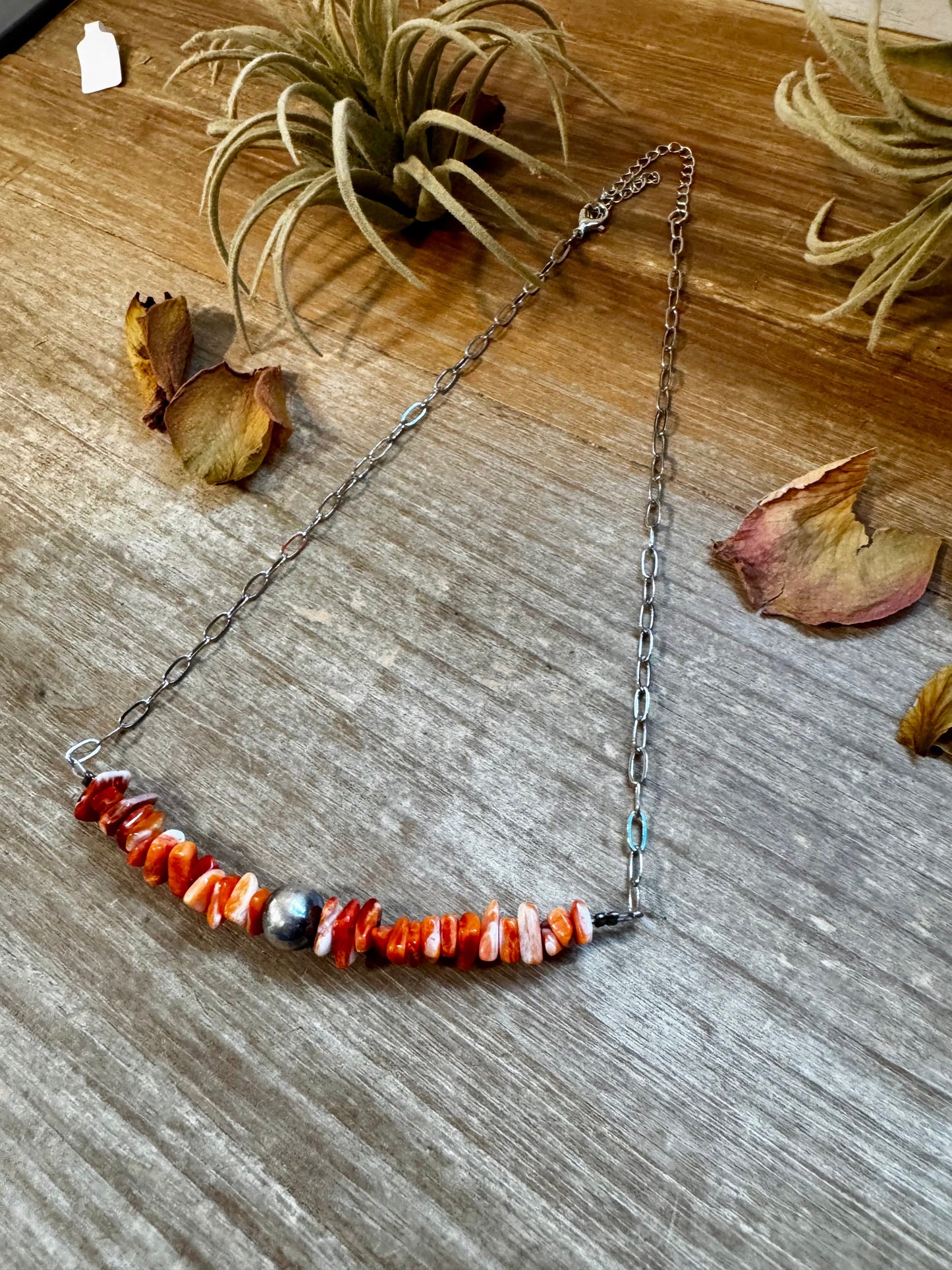 Paperclip Chain Necklace – Spiny Oyster Chip & Sterling Silver Pearl