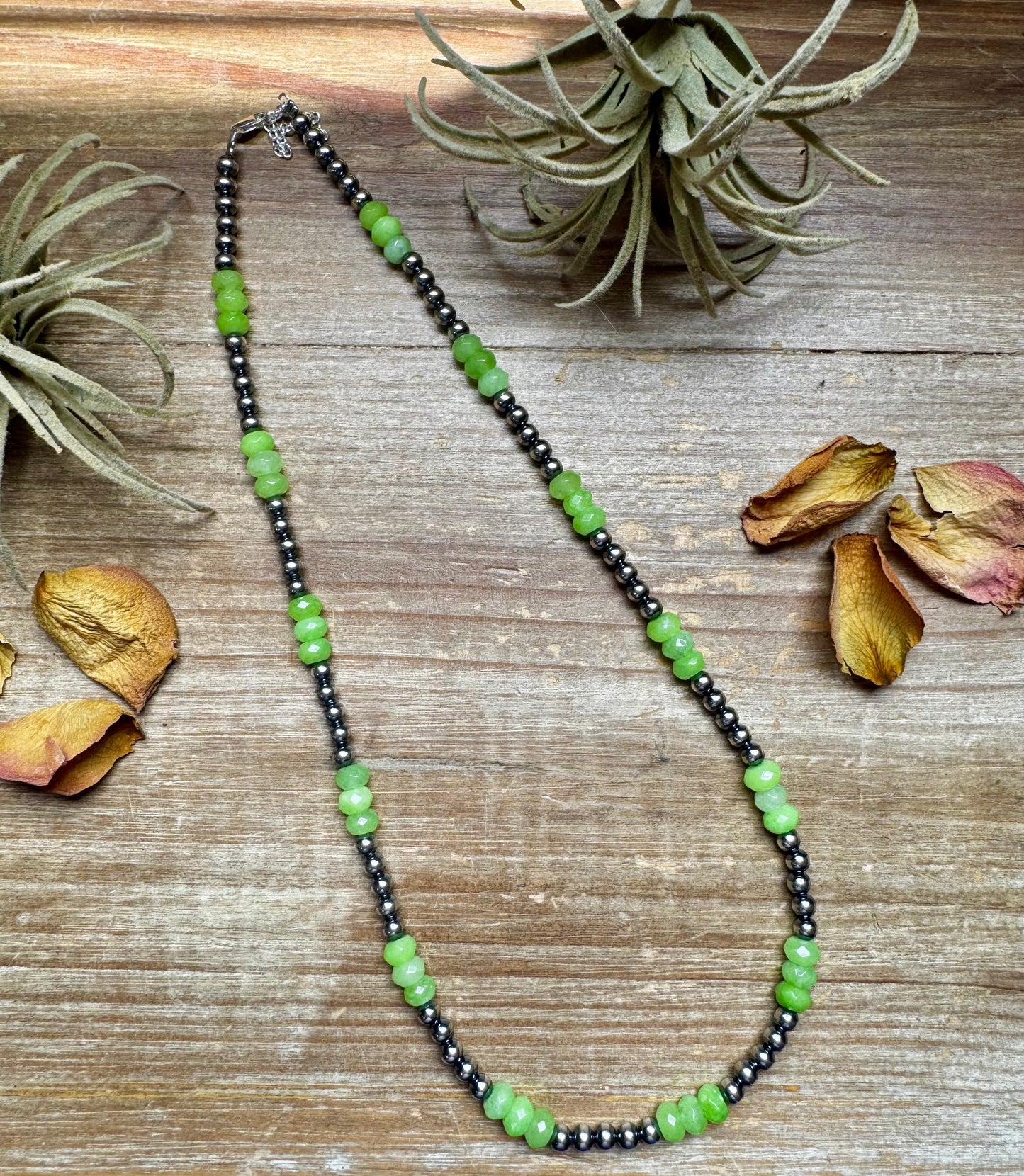 Jade Dye Green & Sterling Silver Pearl Necklace – 21 ¾” Plus Extender