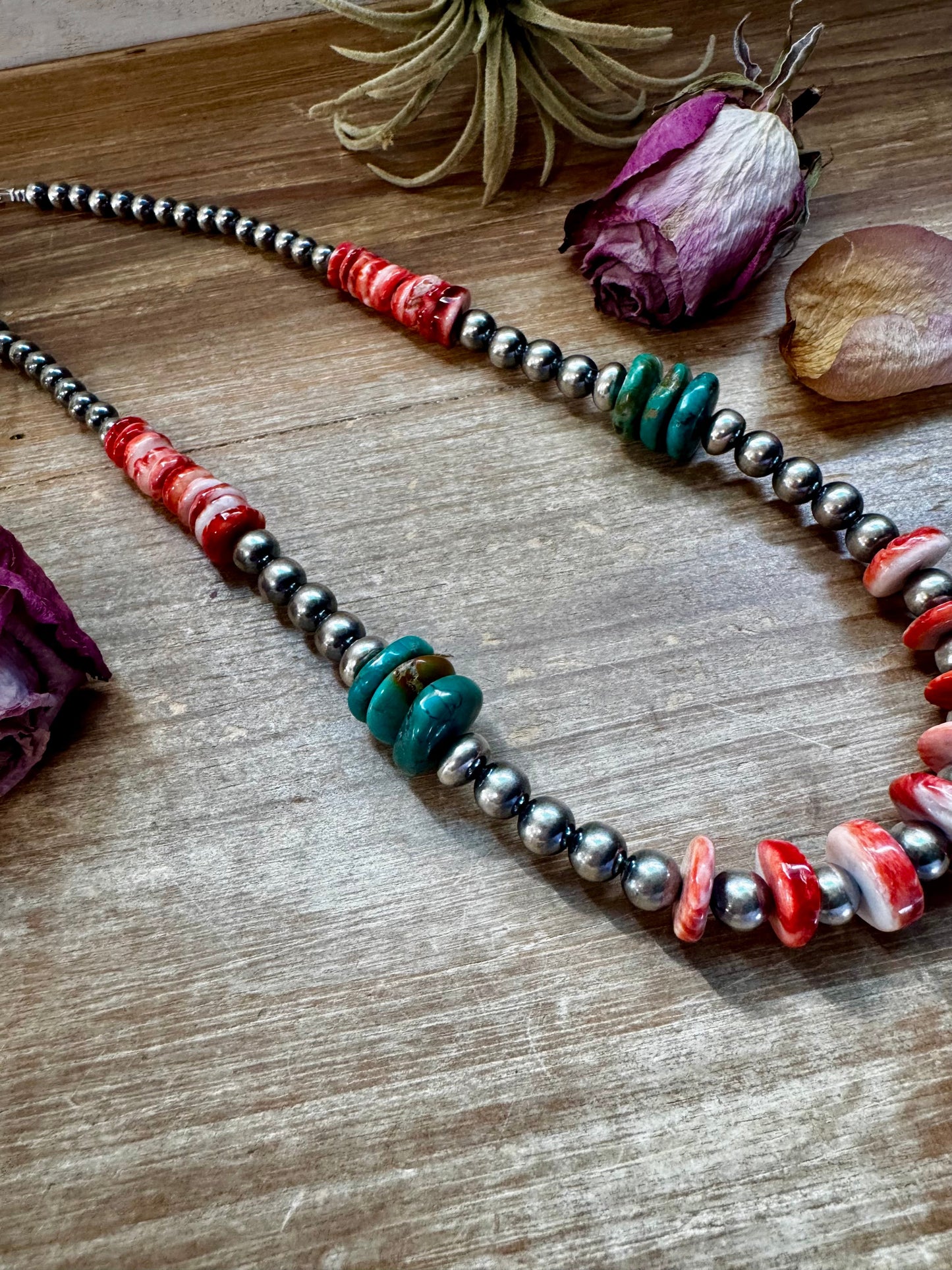 NFR Collection Necklace – Sterling Silver Pearls with Red Spiny Oyster & Green Turquoise – 21"