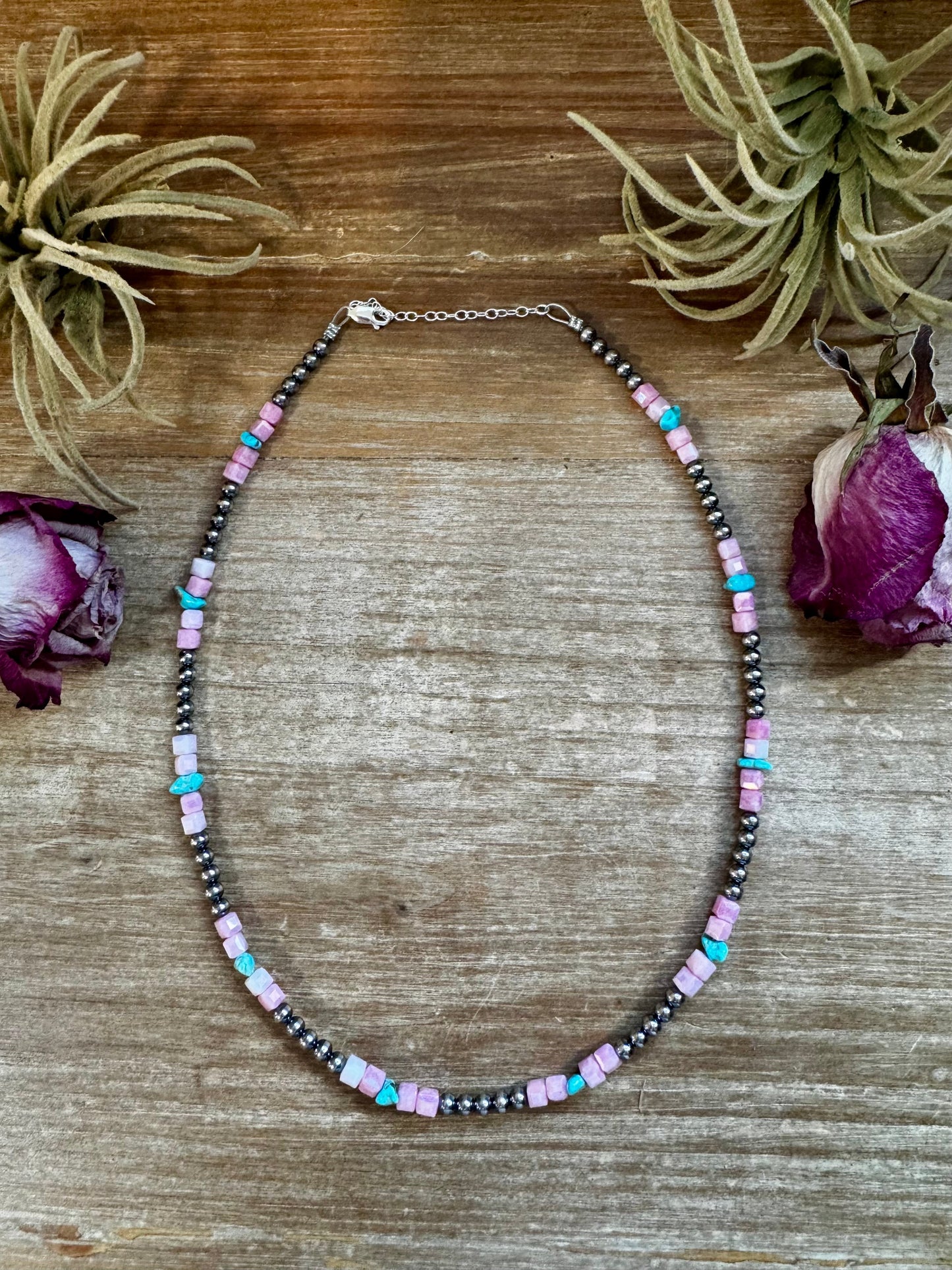 Sleeping Beauty Turquoise & Pink Magnesite Necklace – 4mm Sterling Silver Pearls