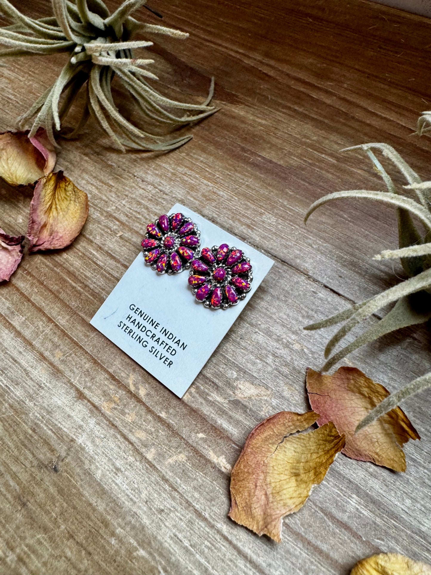 Cluster Earrings – Dark Pink Opal & Sterling Silver