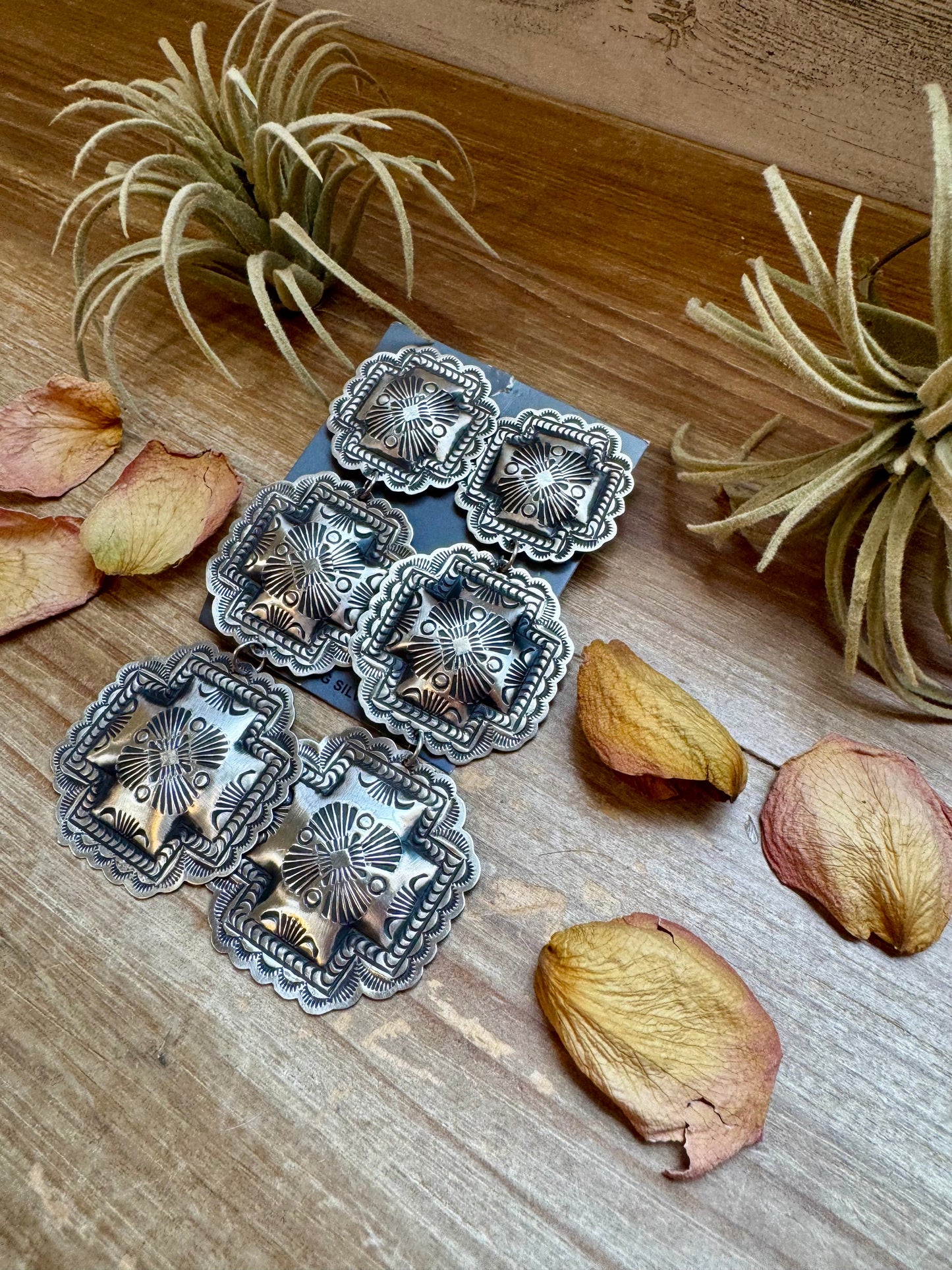 hree-Tier Concho Statement Earrings – Sterling Silver, Native Made by Leander & Rhonda Largo