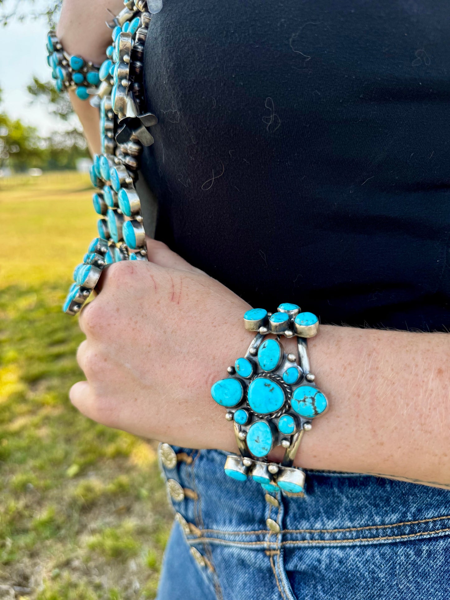 Complete Squash Blossom Set – Kingman Turquoise – Sterling Silver – Navajo Made by Wilson Dawes