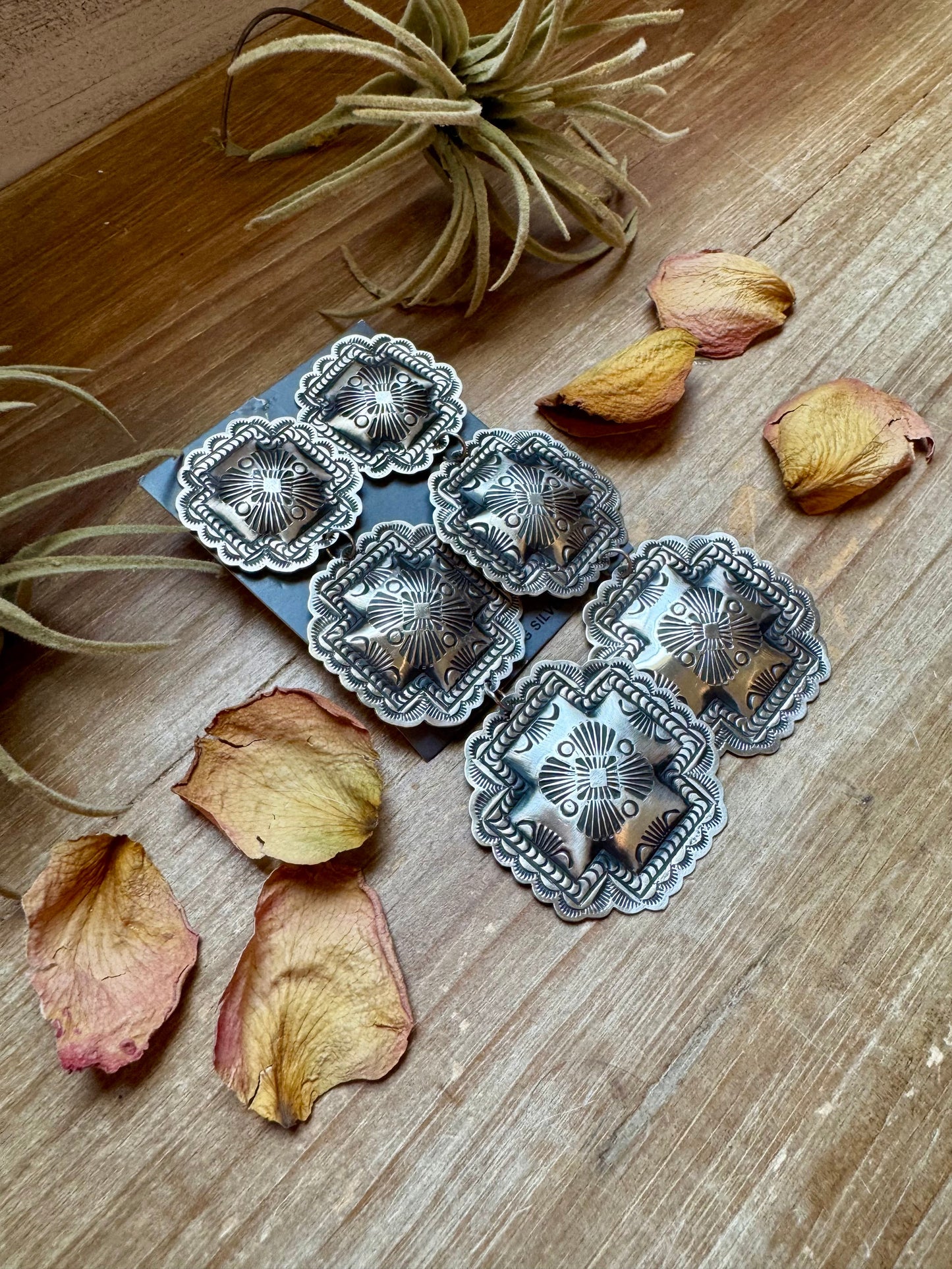 hree-Tier Concho Statement Earrings – Sterling Silver, Native Made by Leander & Rhonda Largo