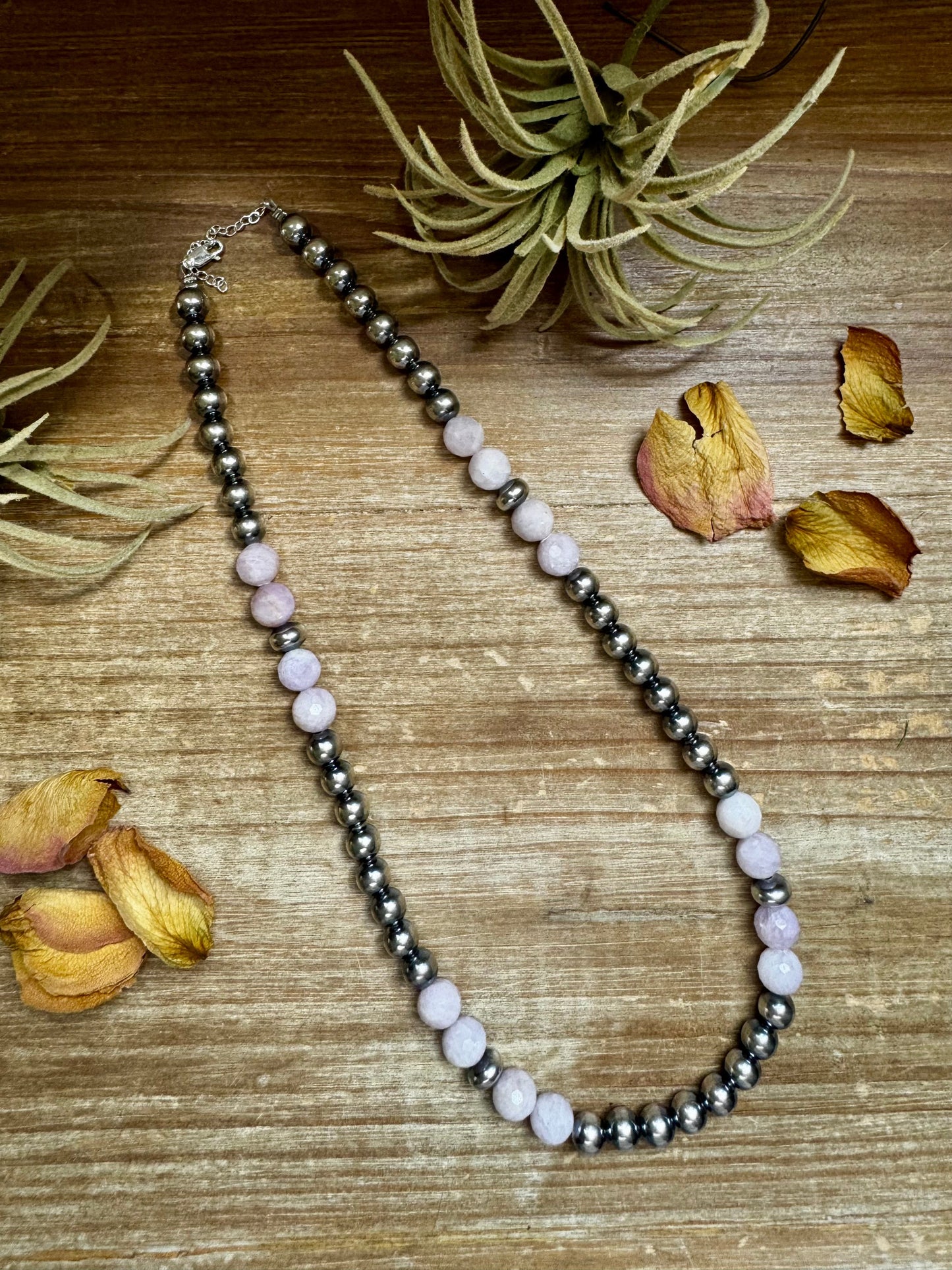 Faceted Kunzite & Sterling Silver Necklace – 8 mm Pearls – 20 Inch