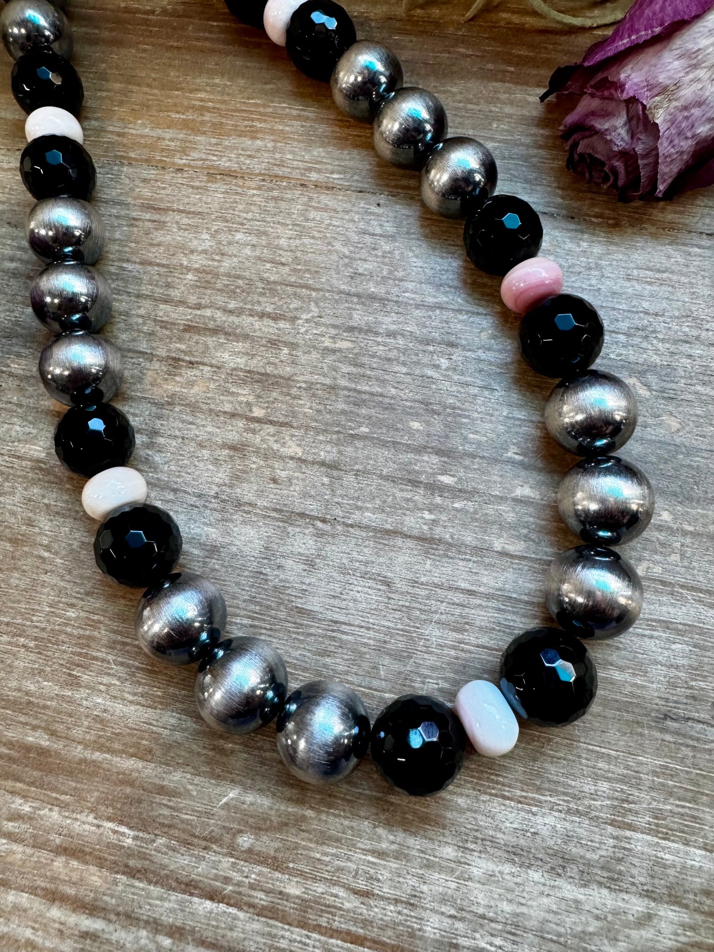 NFR Collection Necklace – 8mm & 16mm Sterling Silver Pearls with Faceted Black Onyx & Pink Conch – Handmade by The Bijoux FAB – 21"