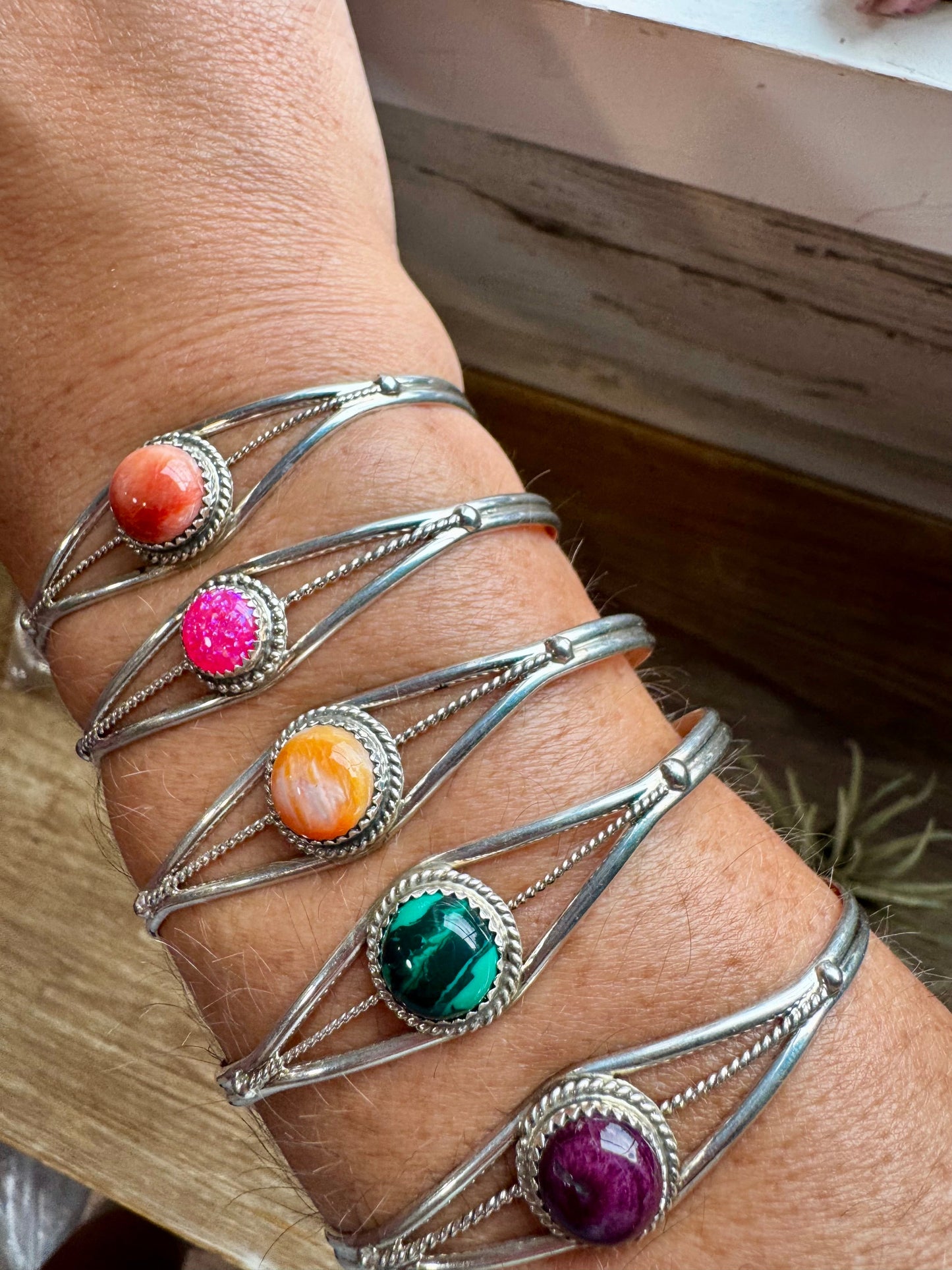 Multistone Cuff Bracelet – Malachite, Spiny Oyster, or Pink Opal – Sterling Silver - pick yours