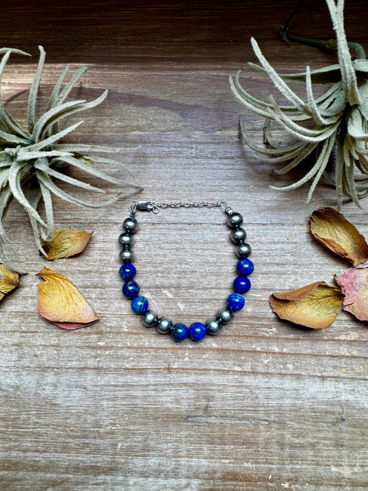 Lapis & Sterling Silver Bracelet – 6.5 Inch + Extender – 8 mm Round Beads