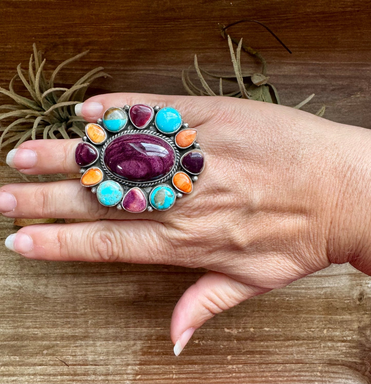 Adjustable Cluster Ring – Purple Spiny Oyster & Sonoran Gold by E. Richards, Native Made