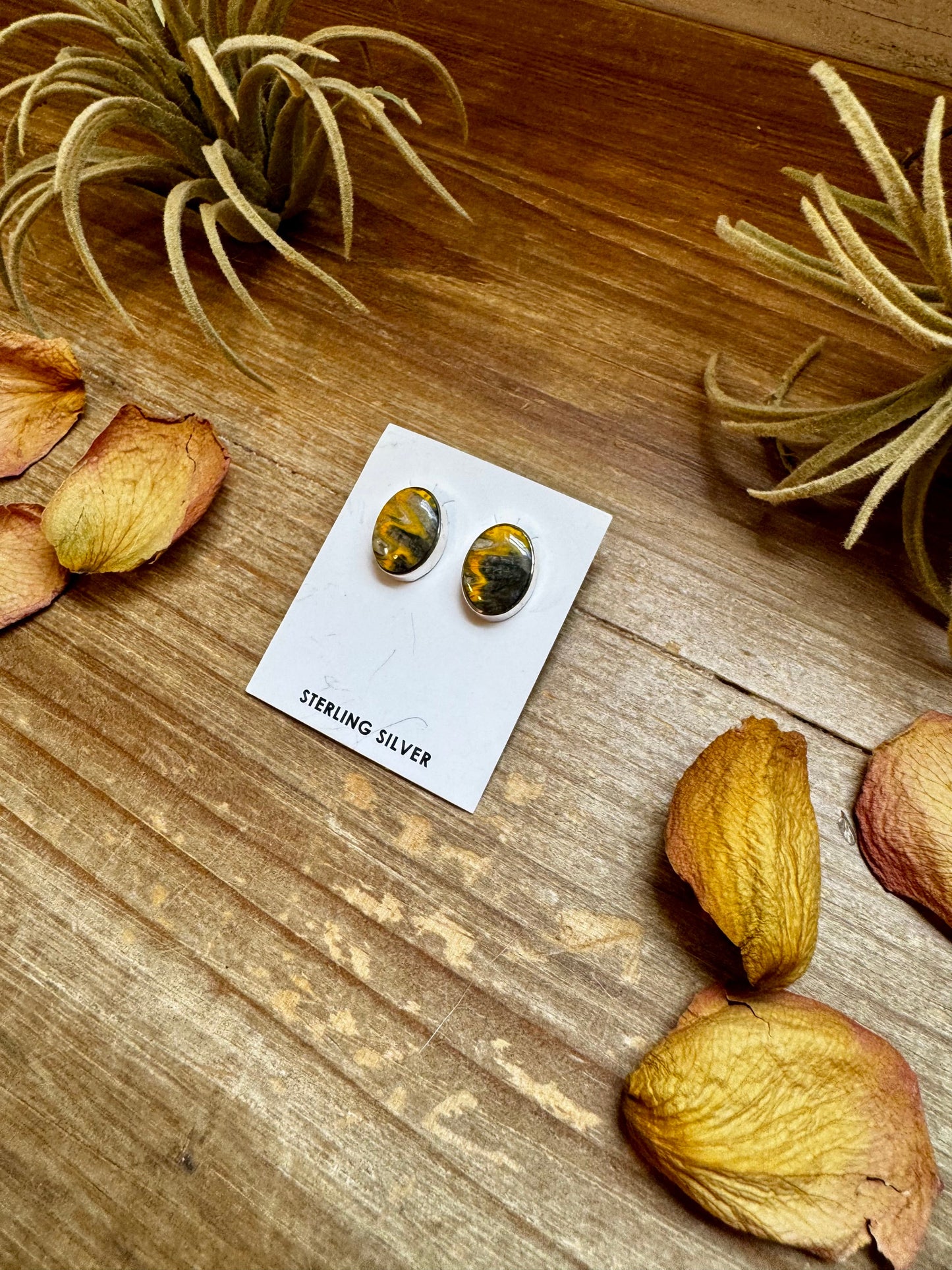 Oval Bumblebee Jasper Stud Earrings – Sterling Silver, Native Made by K.S., USA