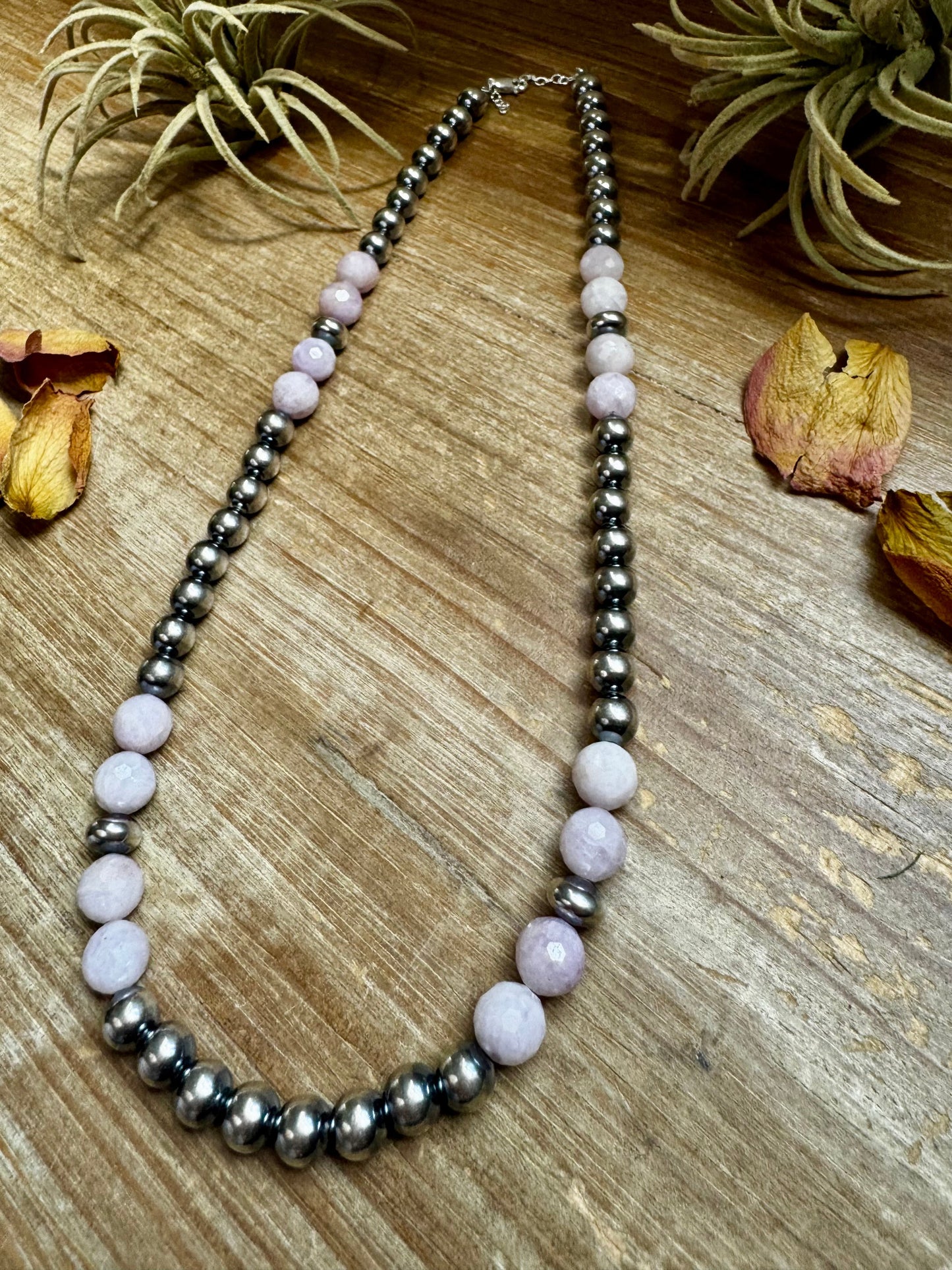 Faceted Kunzite & Sterling Silver Necklace – 8 mm Pearls – 20 Inch