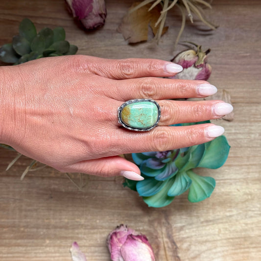 MJ Green Turquoise Ring – Sterling Silver Adjustable Band