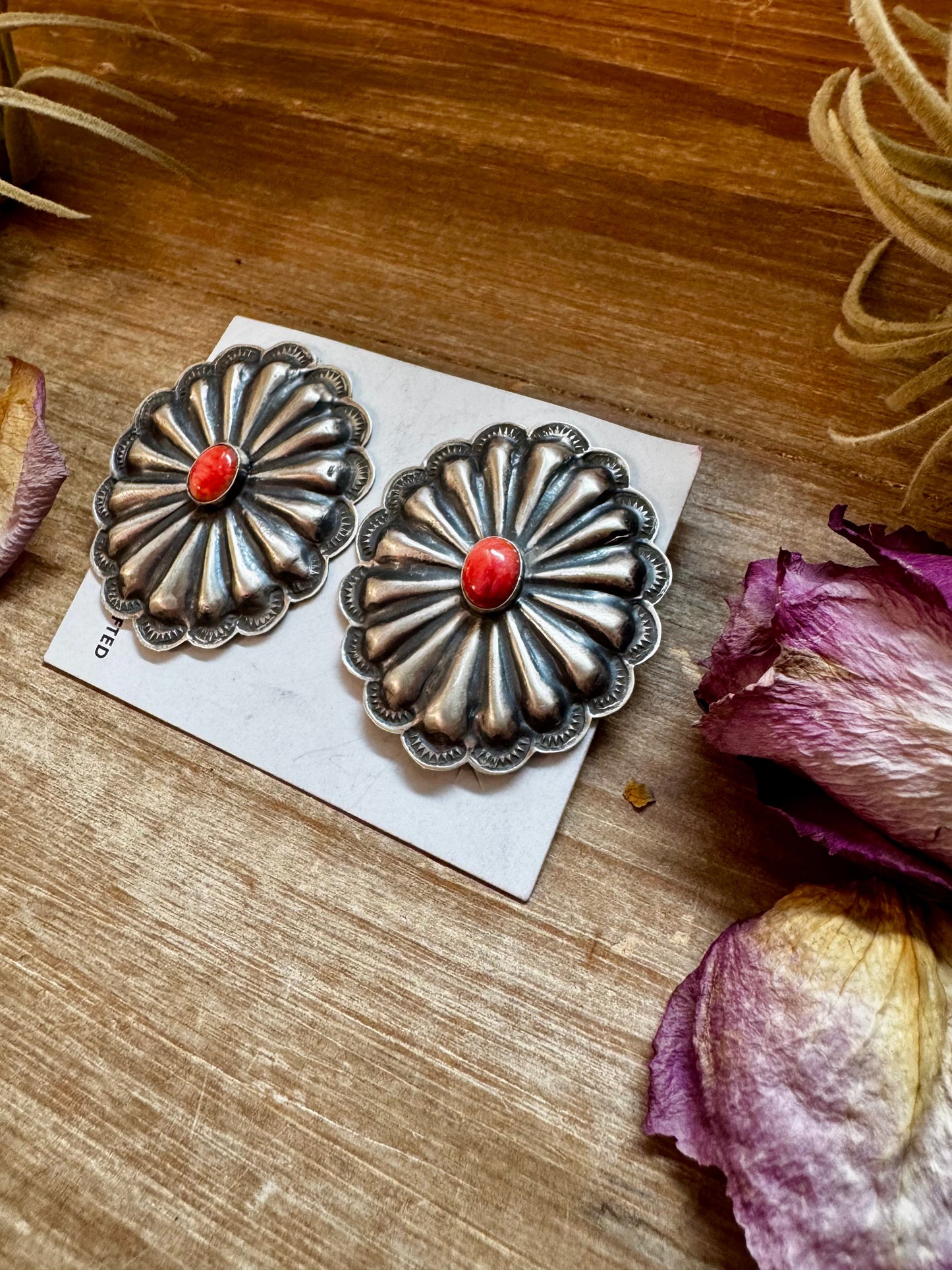 Large Concho Earrings with Red Spiny Oyster – Sterling Silver