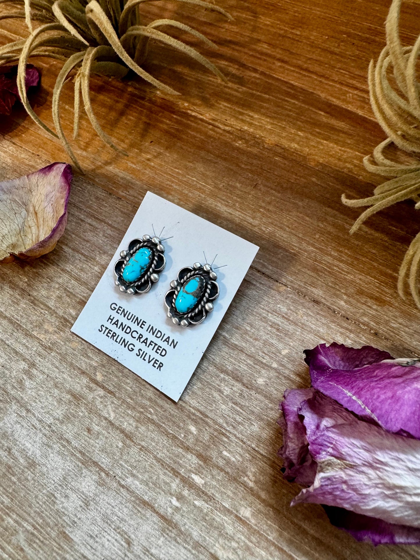 Kingman Turquoise & Silver Pearl Stud Earrings – Sterling Silver – Native Made by L. Silversmith