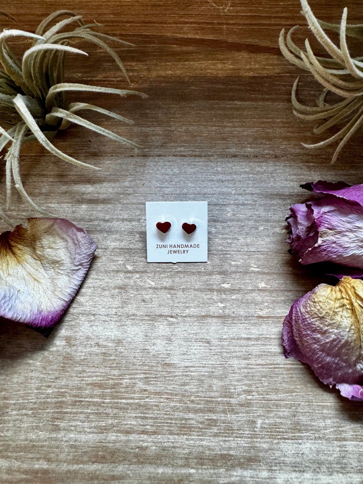 Mini Heart Stud Earrings – Red Inlay – Sterling Silver – Zuni Made