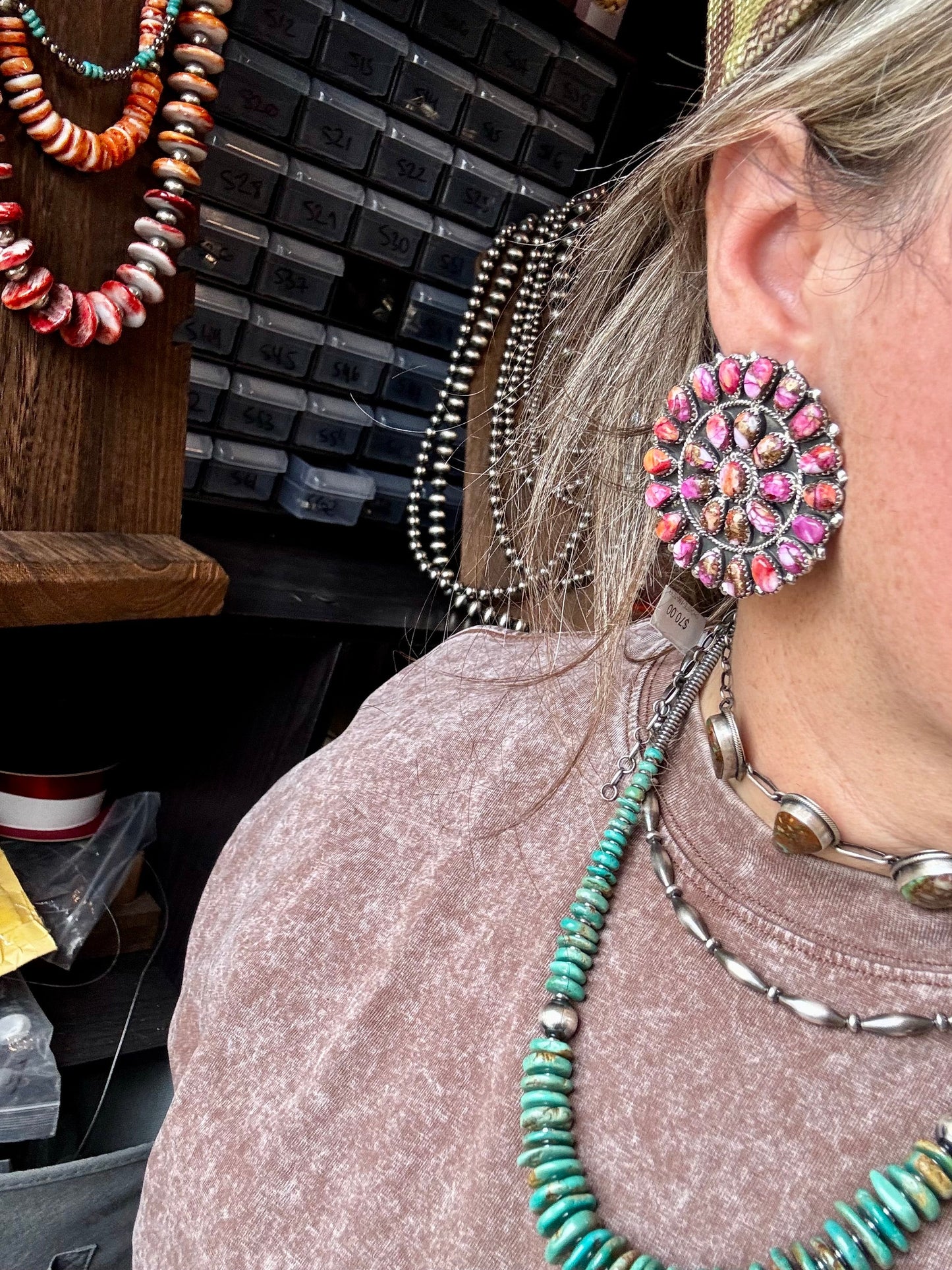 Giant Cluster Earrings – Pink Dahlia Color & Sterling Silver - One of a kind