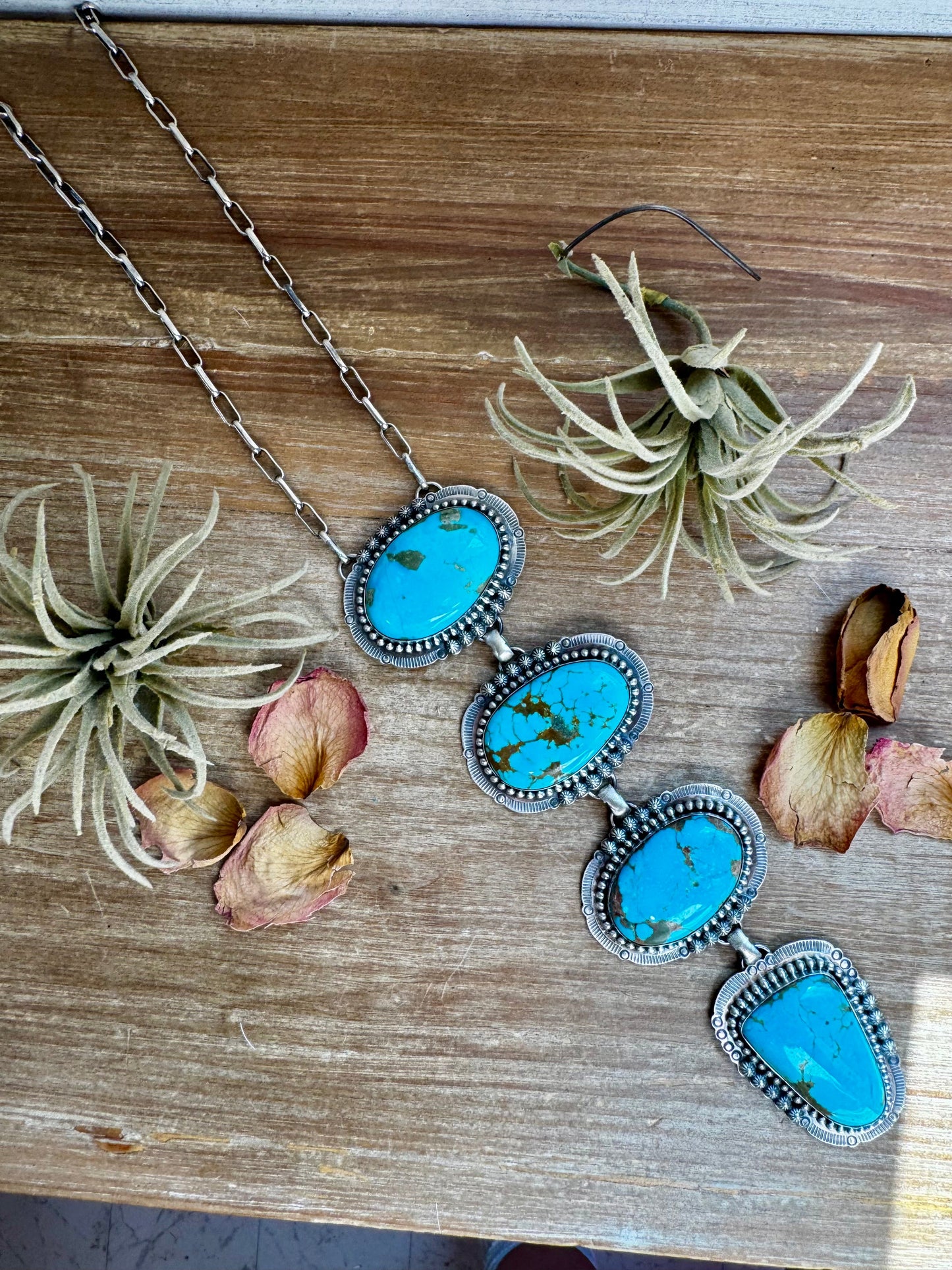 Massive Lariat Necklace – Kingman Turquoise – 19.5 Inch Sterling Silver Paperclip Chain – 8 Inch Drop – Native Made by T. Nez Sr.