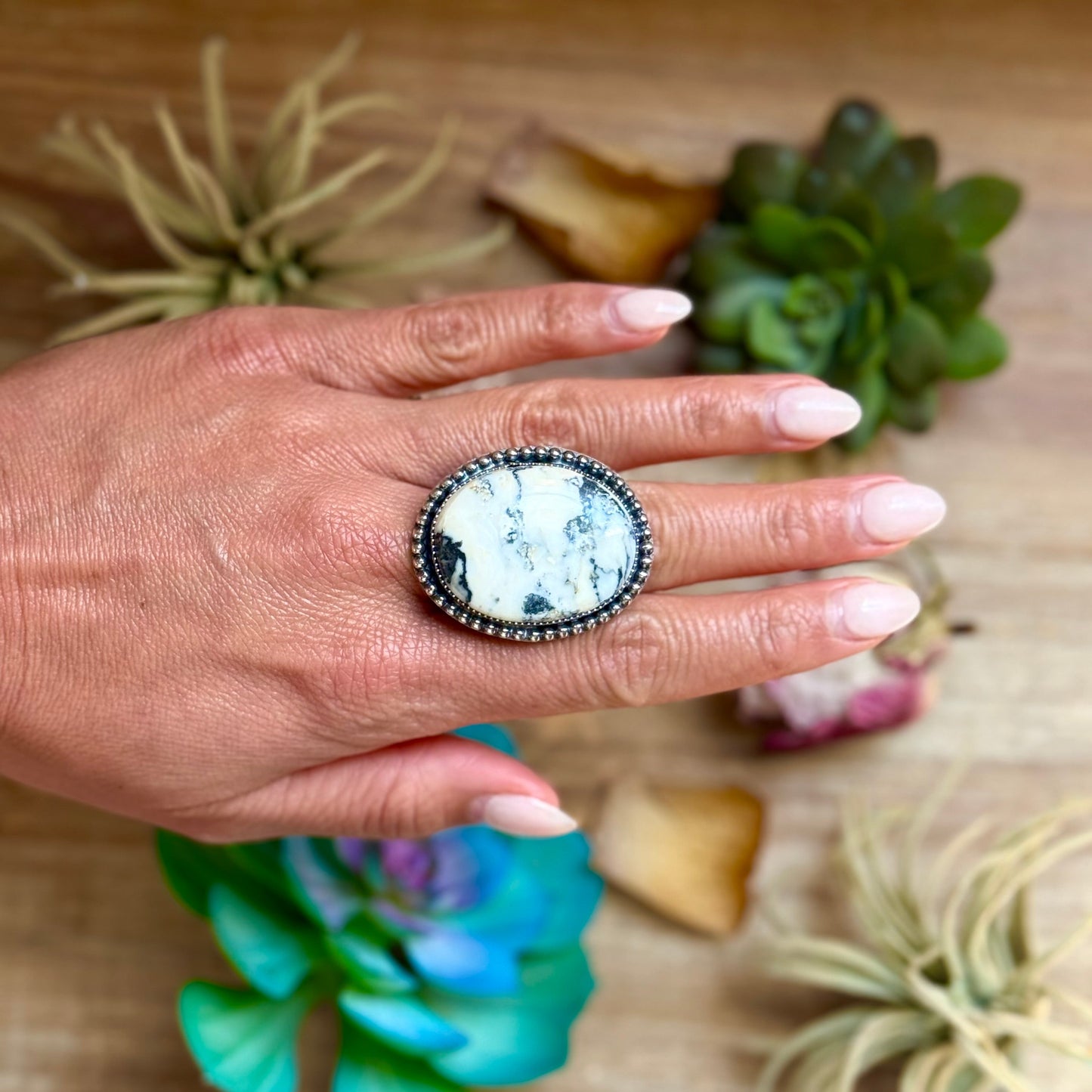 MJ White Buffalo Ring – Sterling Silver Adjustable Band