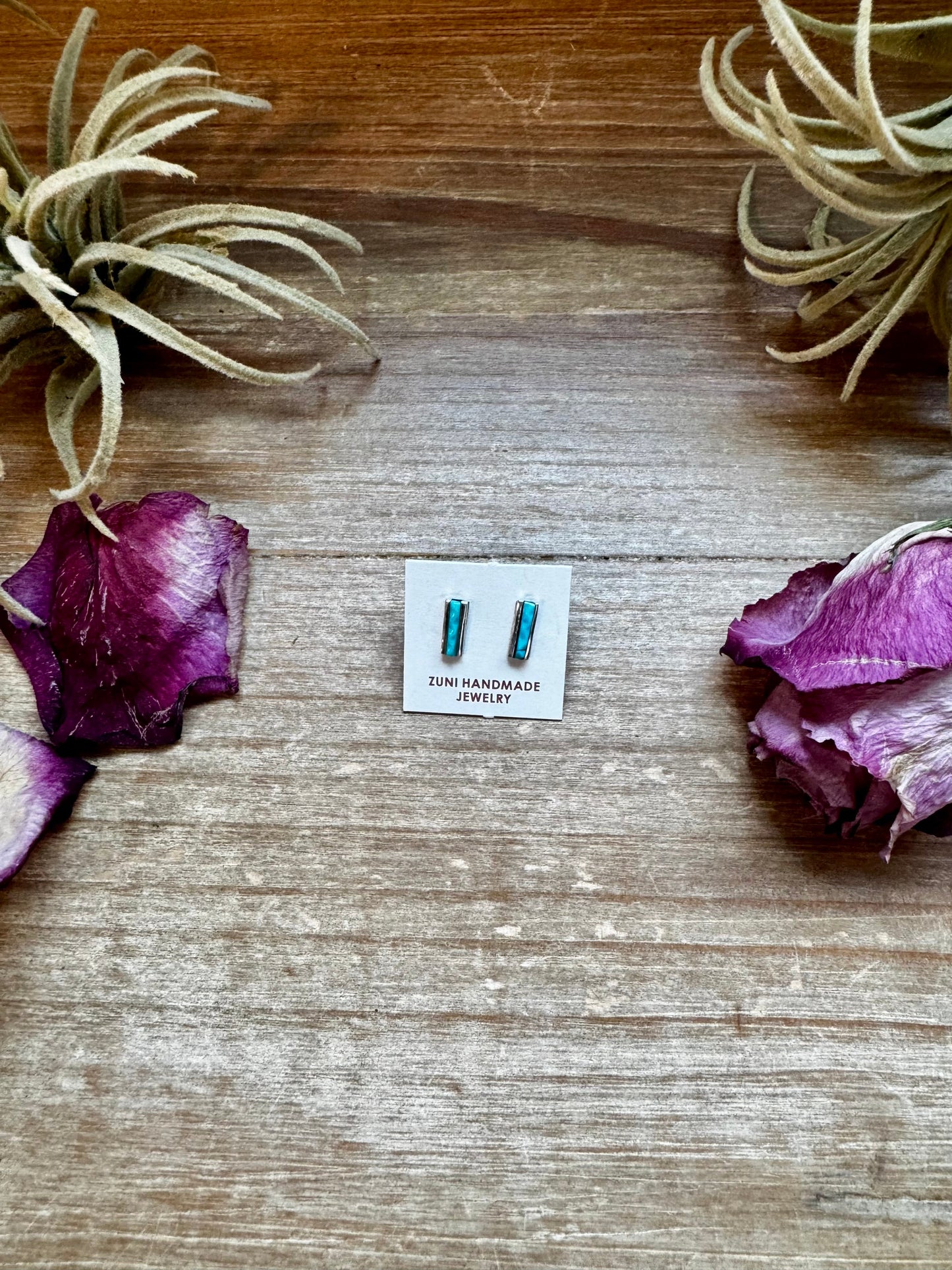 Mini Rectangle Stud Earrings – Kingman Turquoise – Sterling Silver – Zuni Made