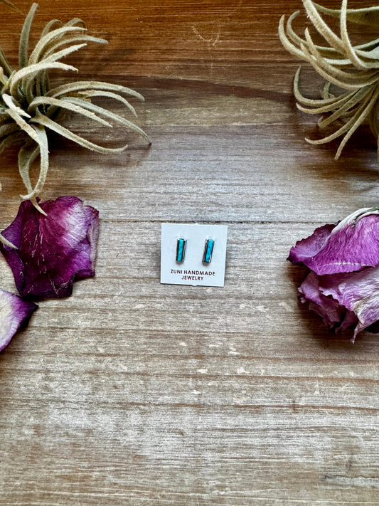 Mini Rectangle Stud Earrings – Kingman Turquoise – Sterling Silver – Zuni Made