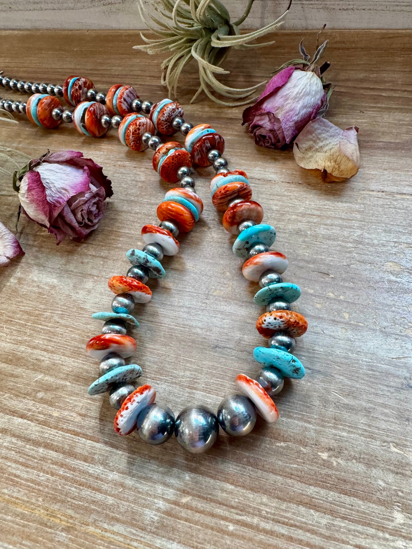 NFR Collection Necklace – Sterling Silver Pearls with Blue Turquoise & Spiny Oyster – Handmade by The Bijoux FAB – 29"