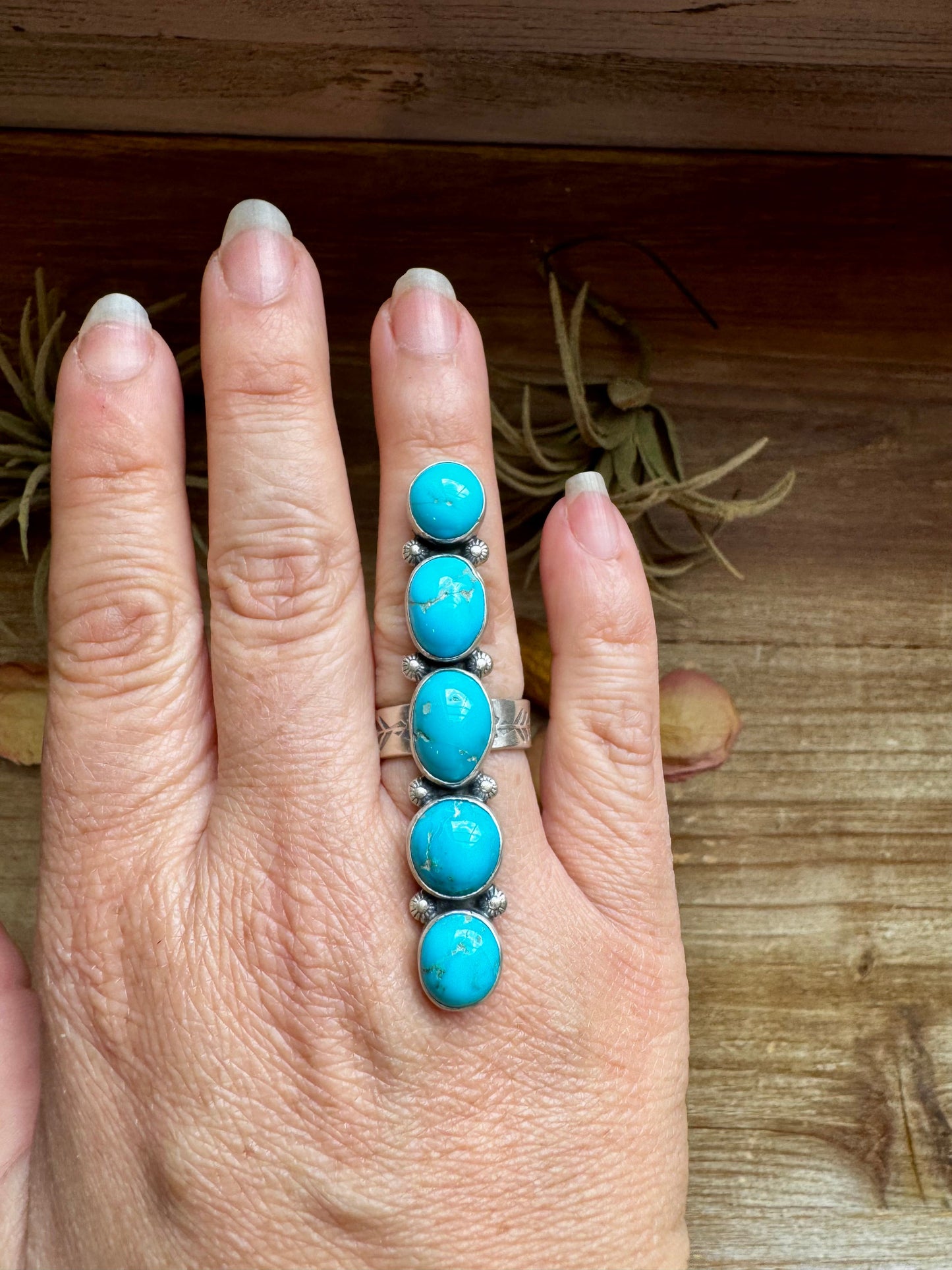 Adjustable 5-Stone Kingman Turquoise Pointer Ring – Made in USA