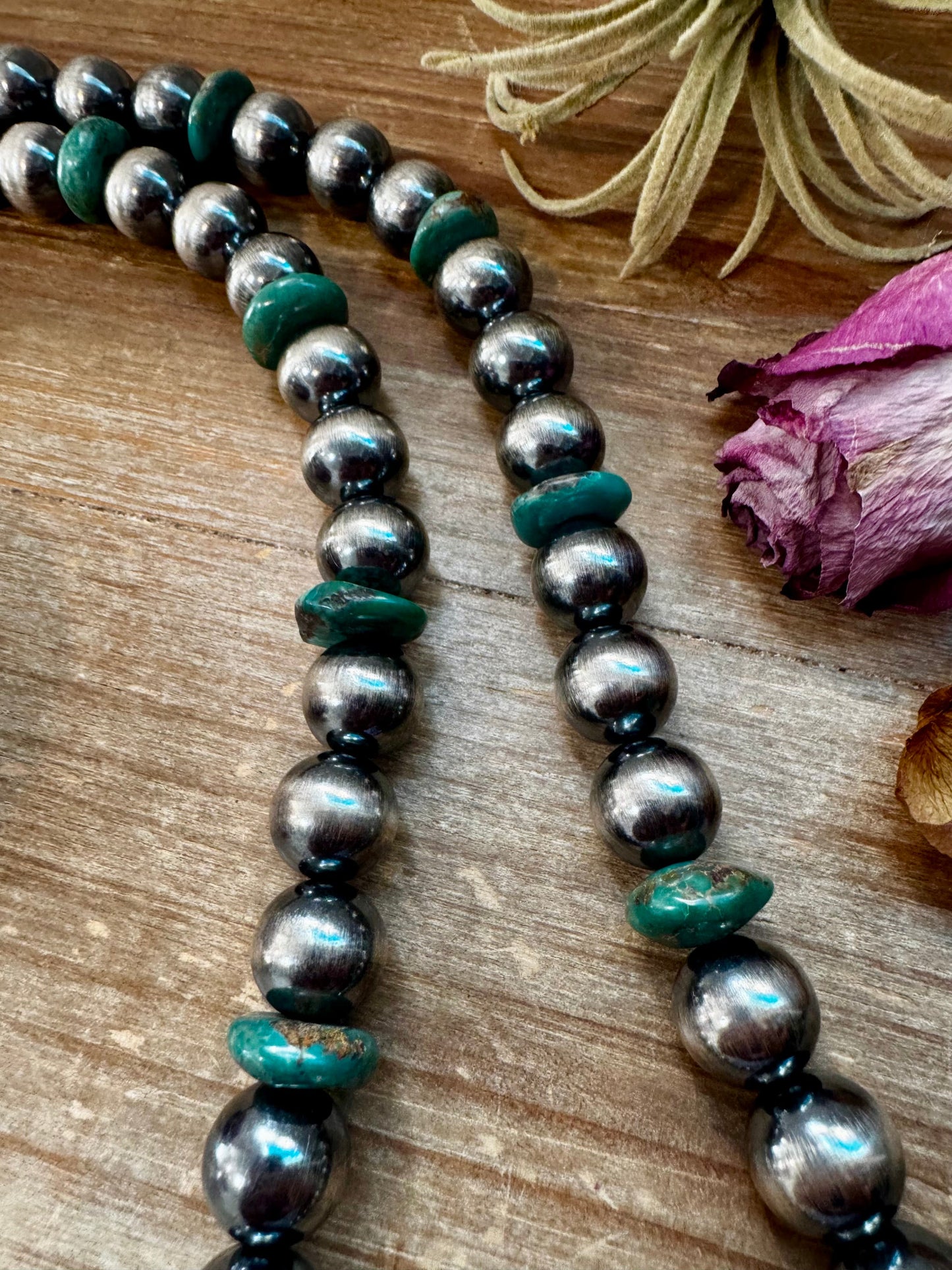 NFR Collection Necklace – 14mm Sterling Silver Pearls with 16mm Green Turquoise Rondelles –  28.5"