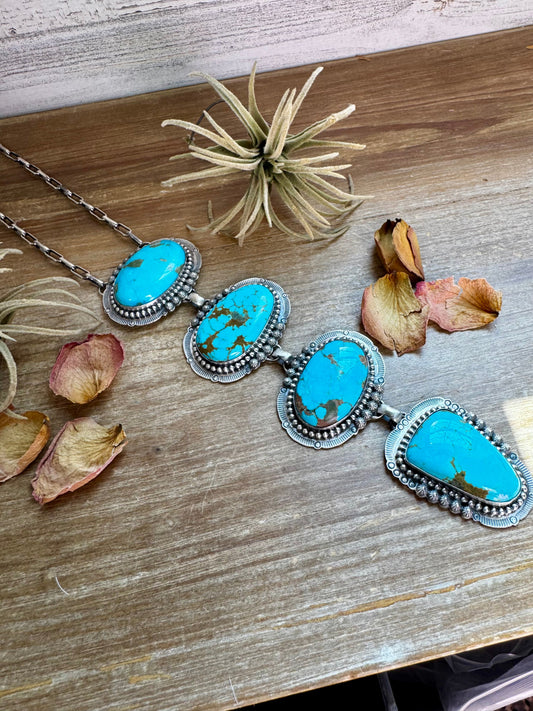 Massive Lariat Necklace – Kingman Turquoise – 19.5 Inch Sterling Silver Paperclip Chain – 8 Inch Drop – Native Made by T. Nez Sr.