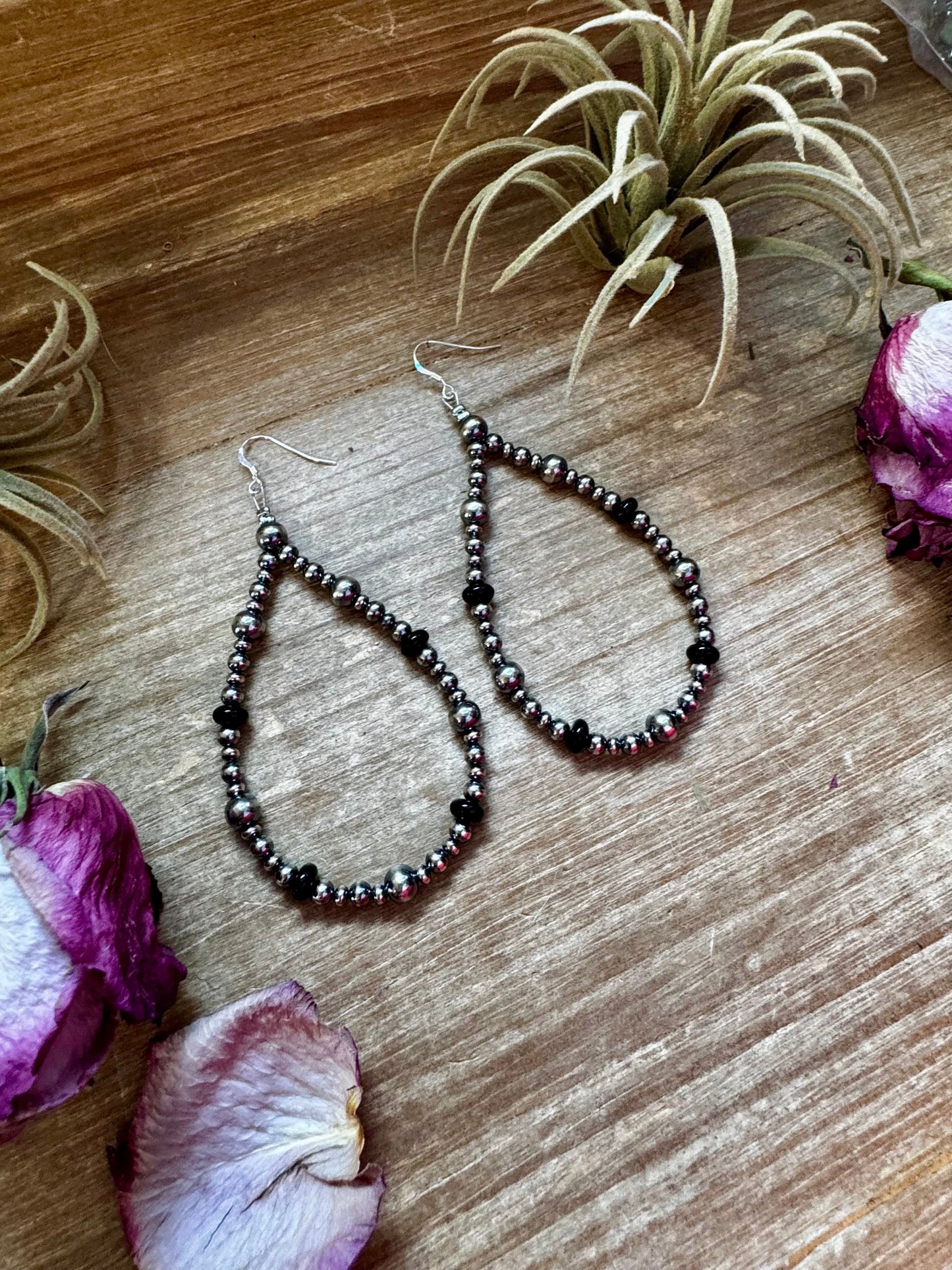 Sterling Silver Pearl & Black Onyx Teardrop Earrings