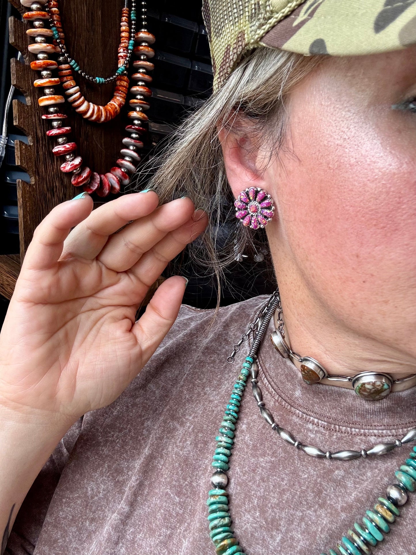 Cluster Earrings – Dark Pink Opal & Sterling Silver