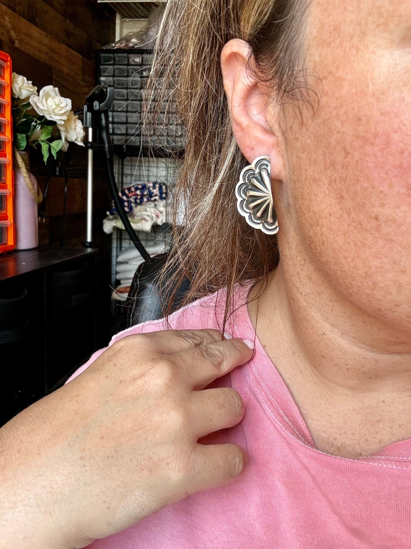 Big Half Cluster Sterling silver stud earrings